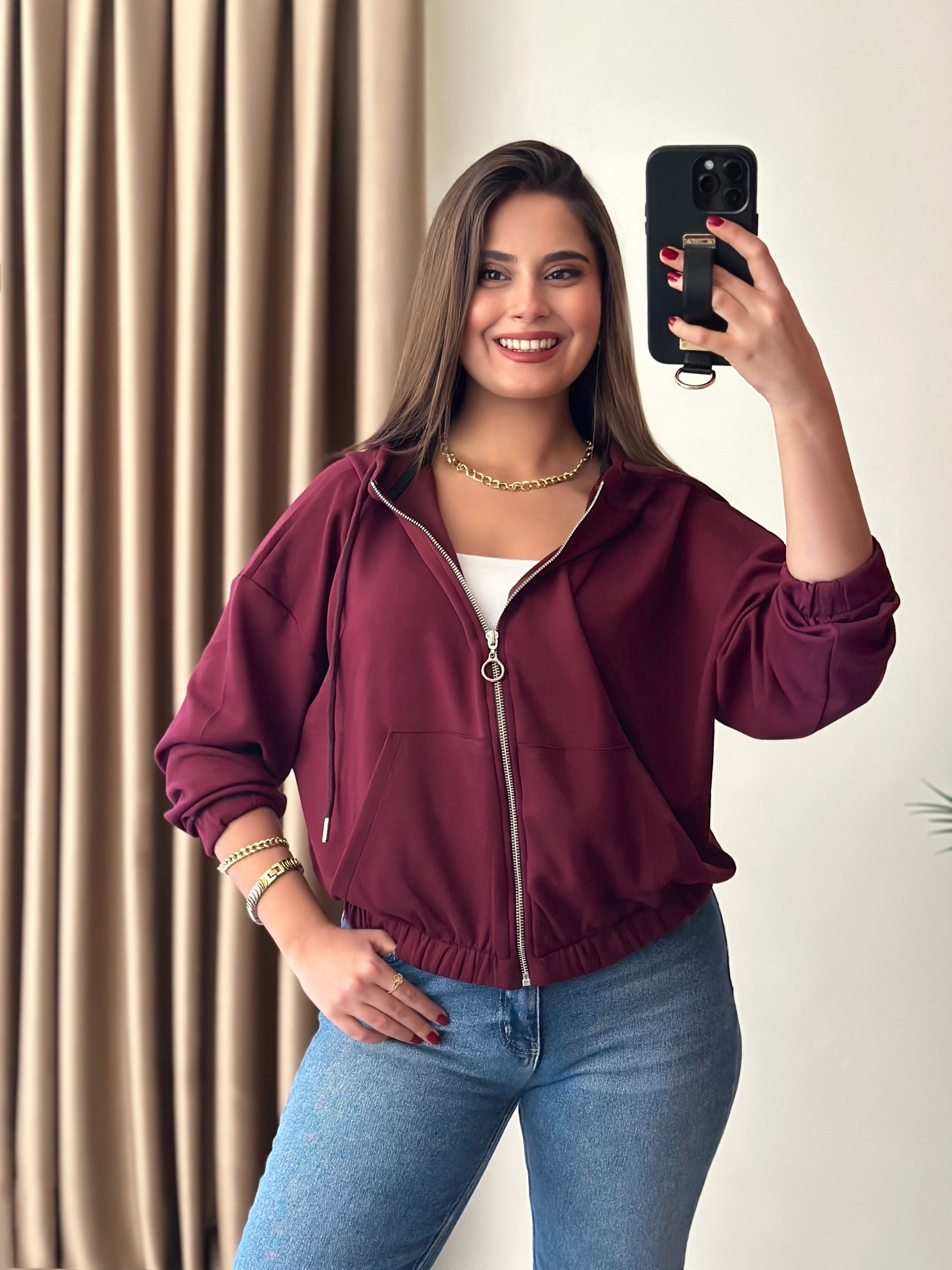Oysho Modal Kumaş Premium Basic Kapşonlu Fermuarlı Ceket Bordo