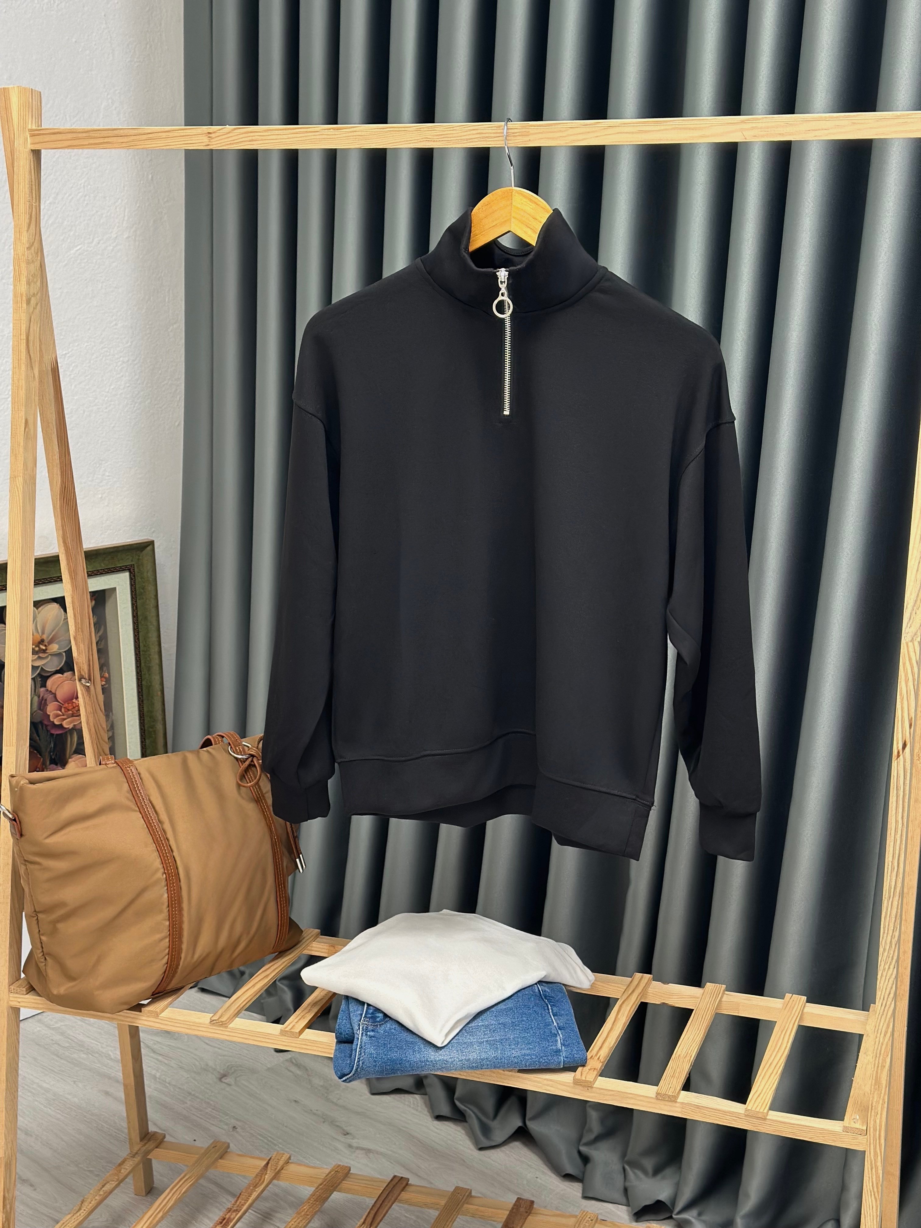 Oysho Modal Kumaş Yarım Fermuarlı Sweatshirt Siyah