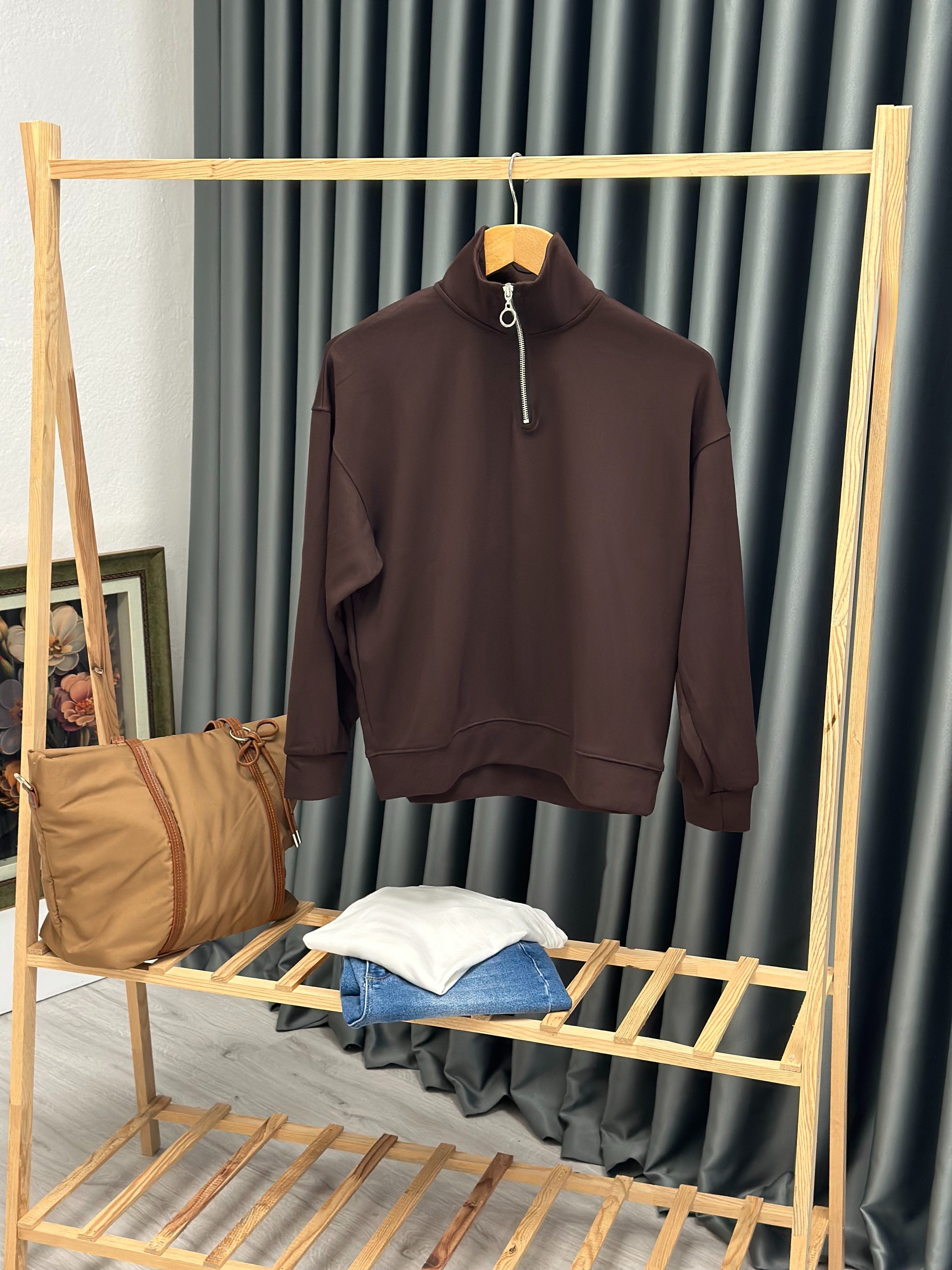 Oysho Modal Kumaş Yarım Fermuarlı Sweatshirt Acı Kahve 