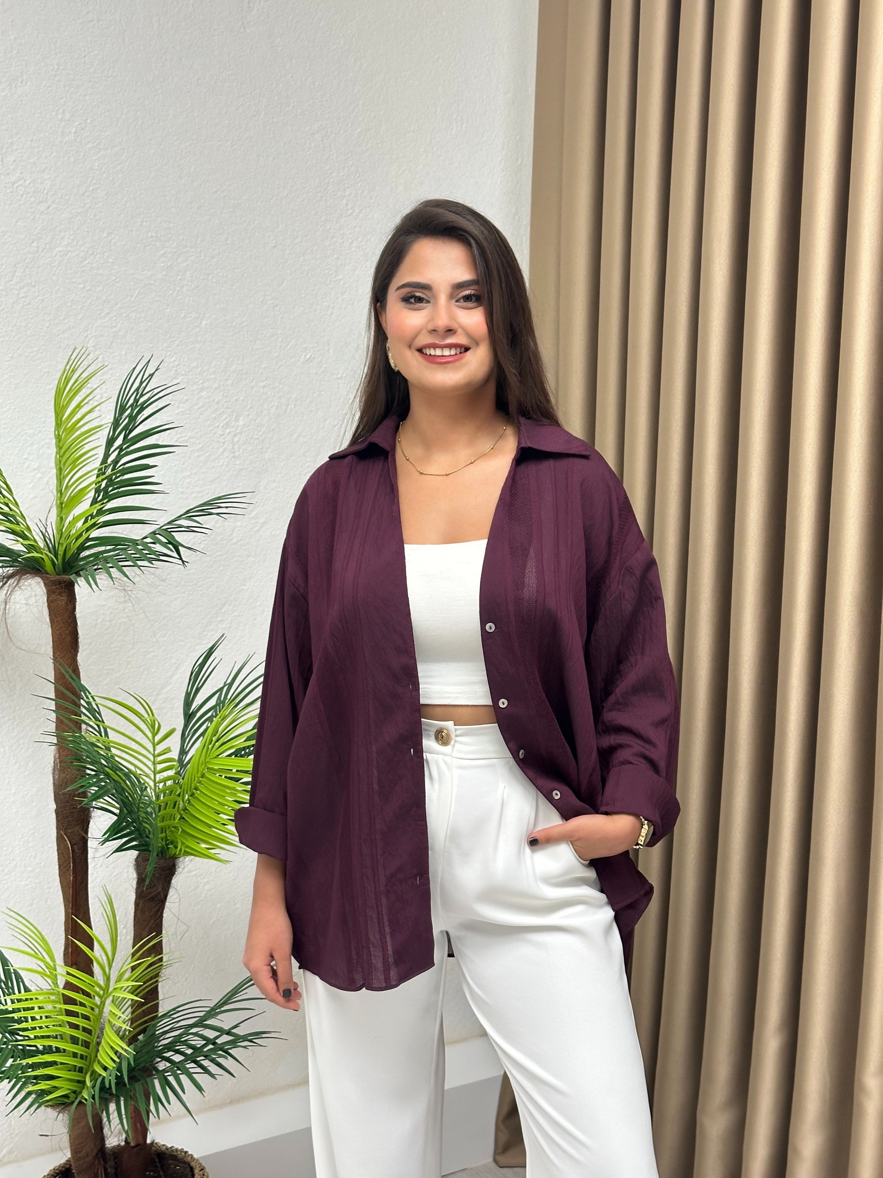 Premium Kalite Transparan Oversize Gömlek Mürdüm 
