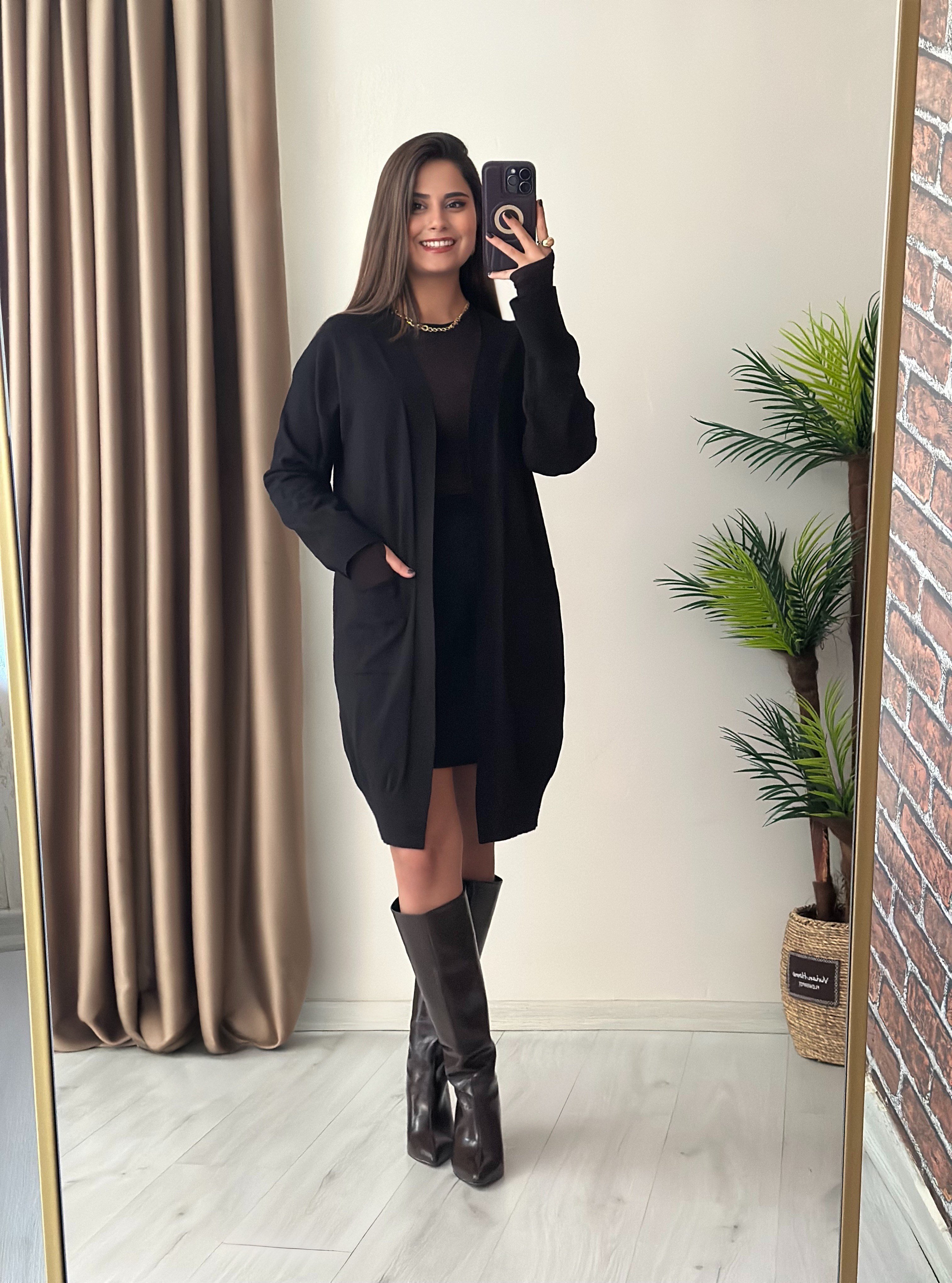 Premium Seri Cepli Basic Soft Triko Midi Boy Hırka Siyah
