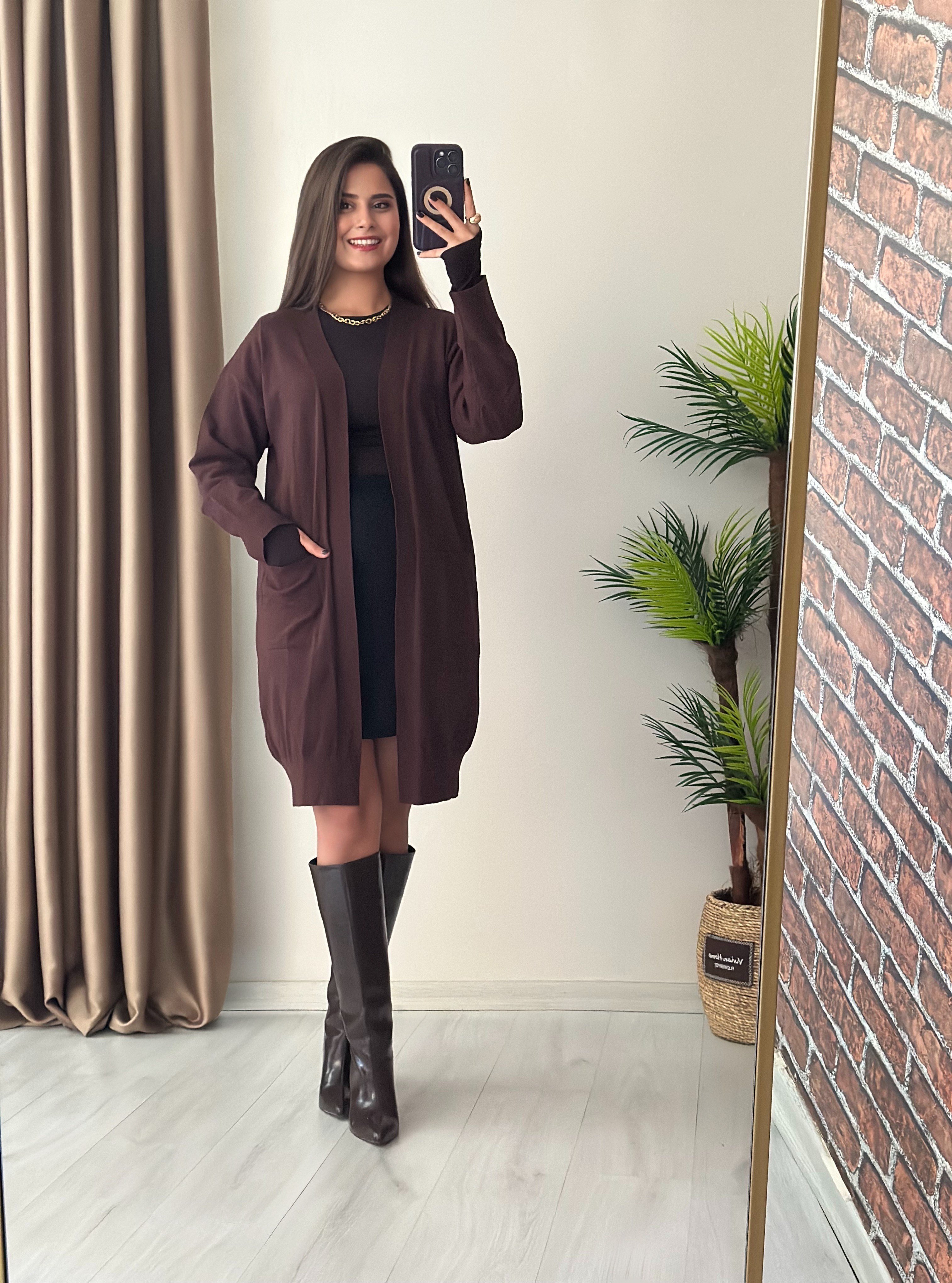 Premium Seri Cepli Basic Soft Triko Midi Boy Hırka Acı Kahve