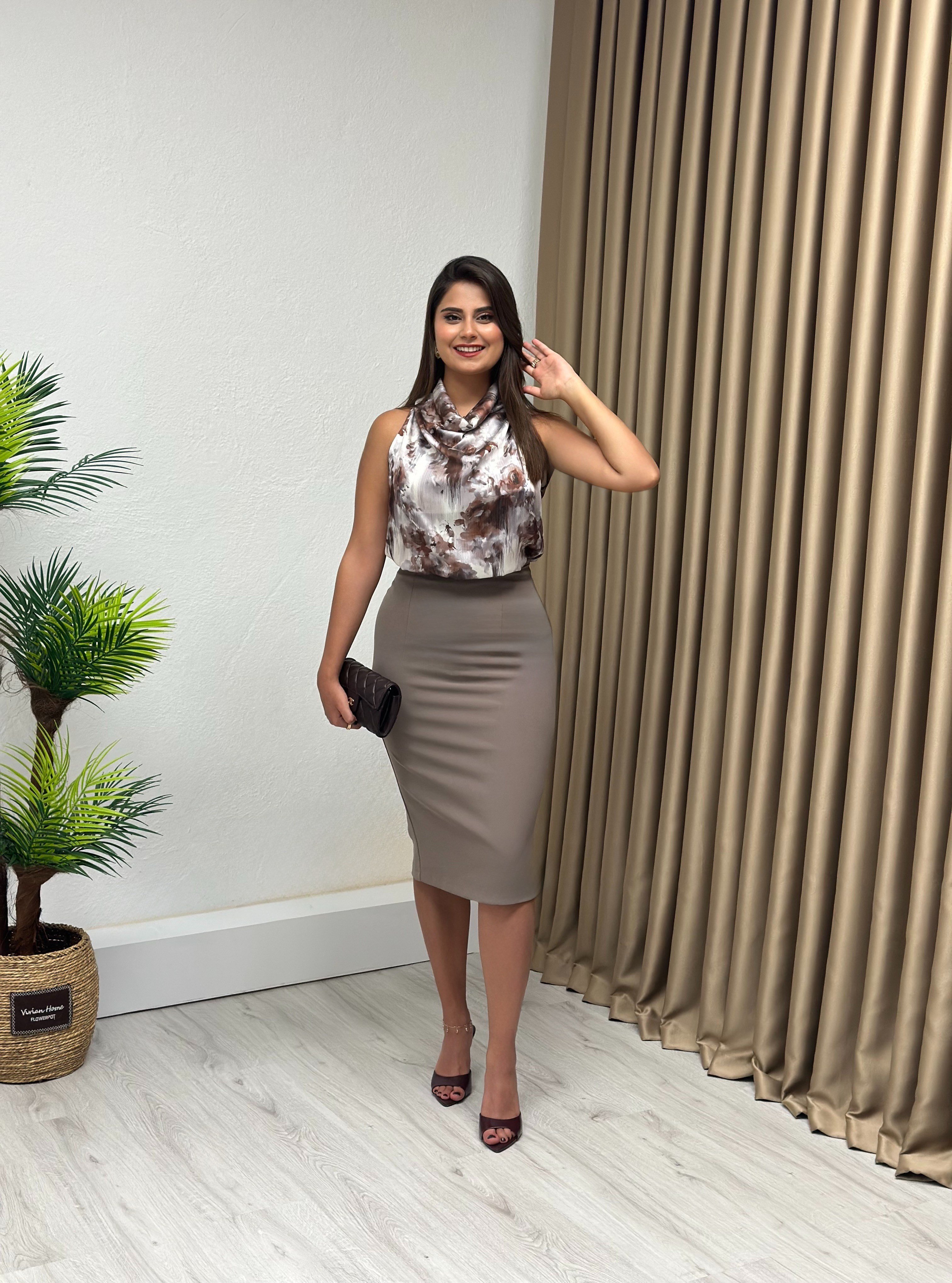 Premium Seri Double Krep Kumaş Yırtmaçlı Midi Boy Kalem Etek Vizon