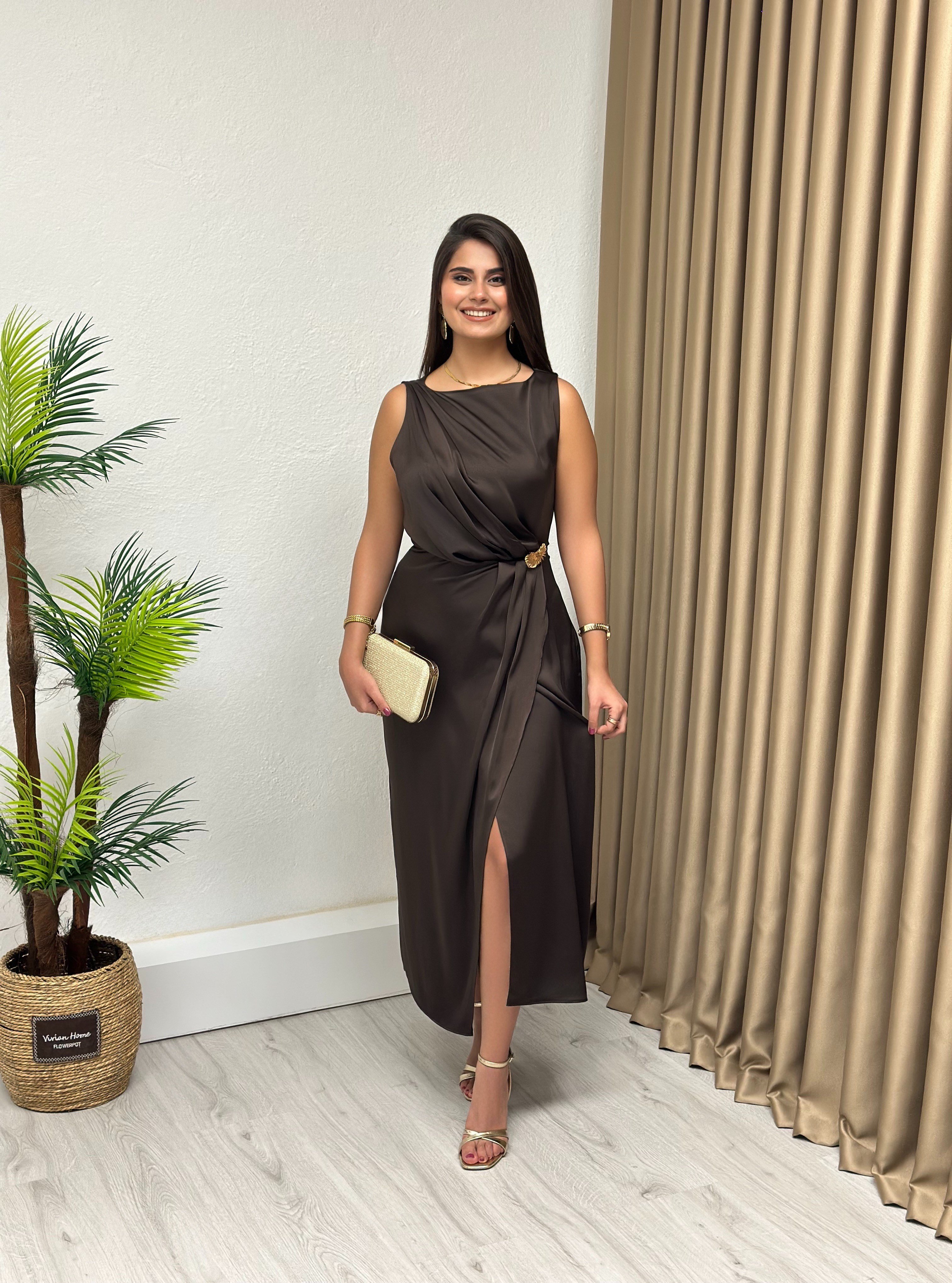 Premium Seri Gold Tokalı Drapeli Saten Elbise Acı Kahve