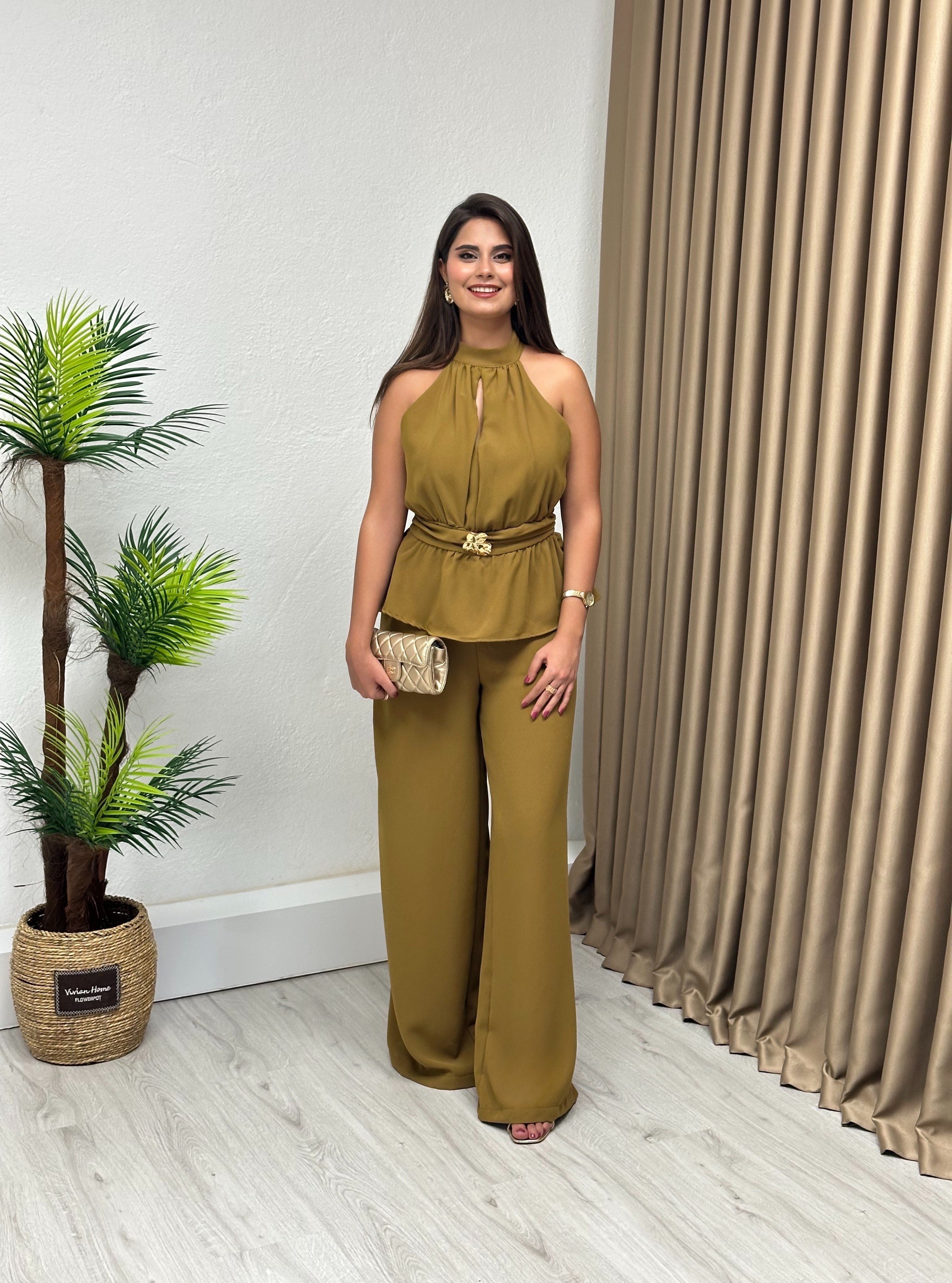 Premium Seri Halter Yaka Beli Gold Tokalı Tulum Yağ Yeşili 
