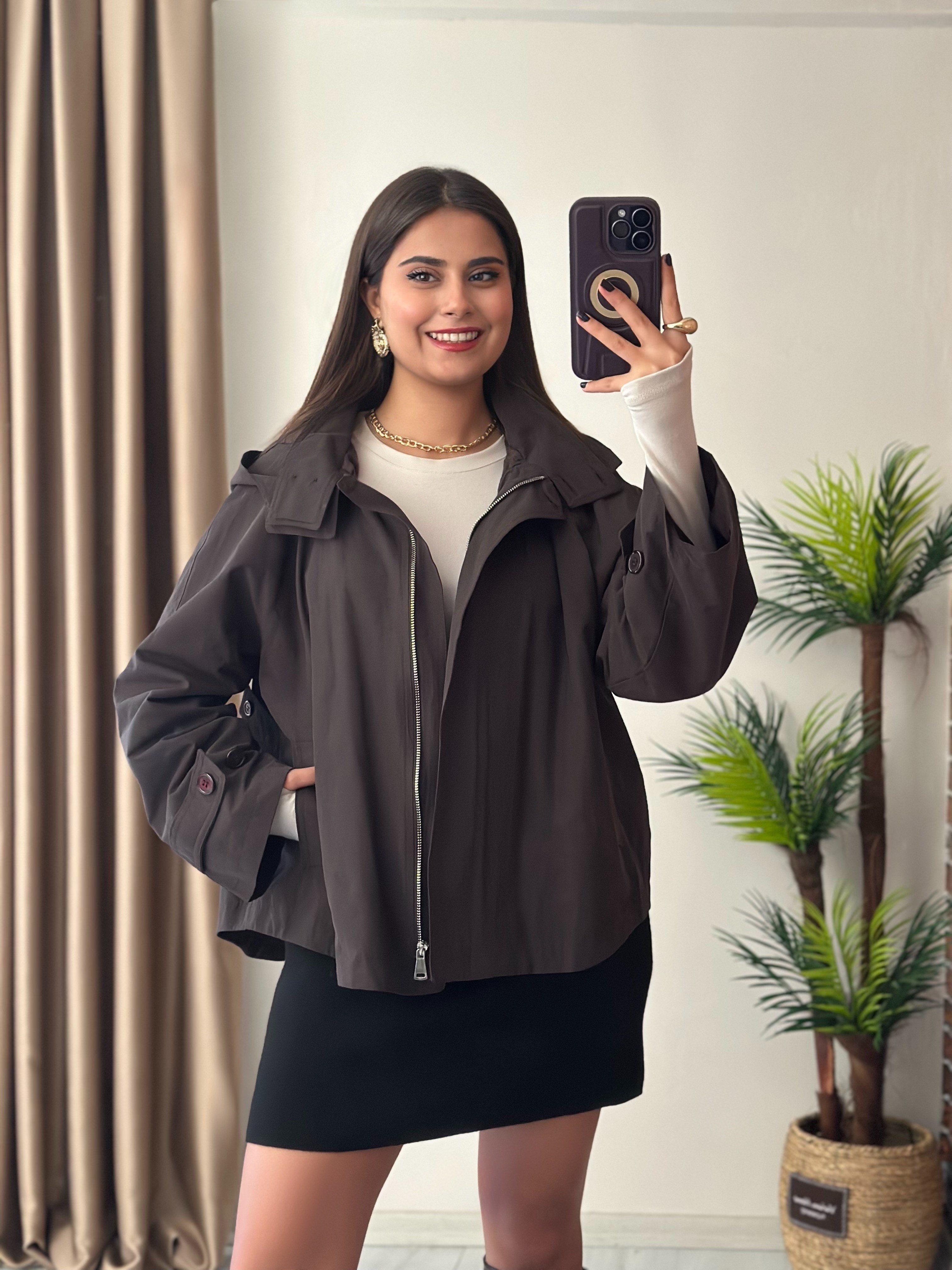 Premium Seri Kapşonlu Oversize Asimetrik Kesimli Tasarım Trençkot Kahve 