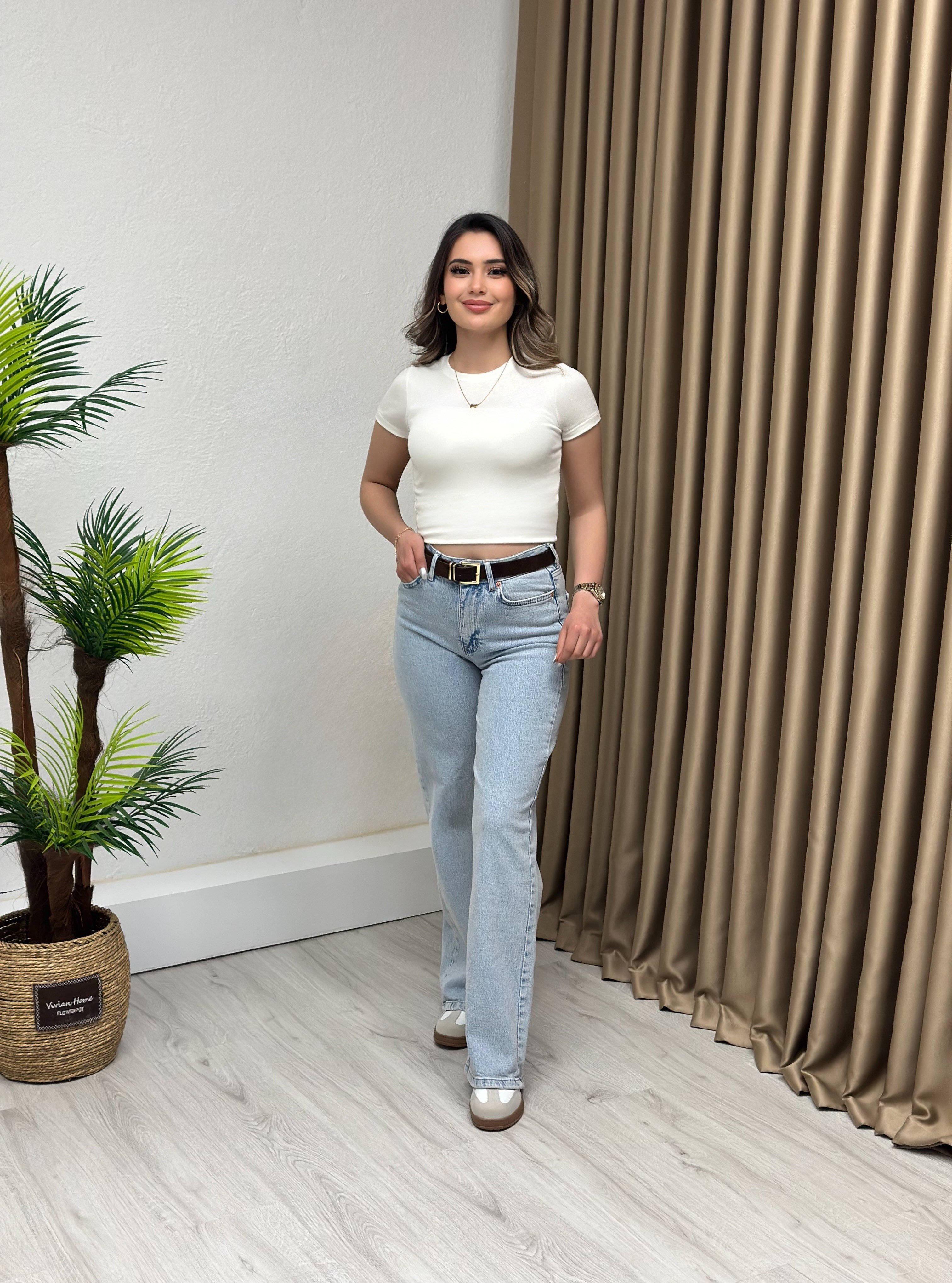 Premium Seri Kemerli Straight Jean Ice Blue Süet Kemerli