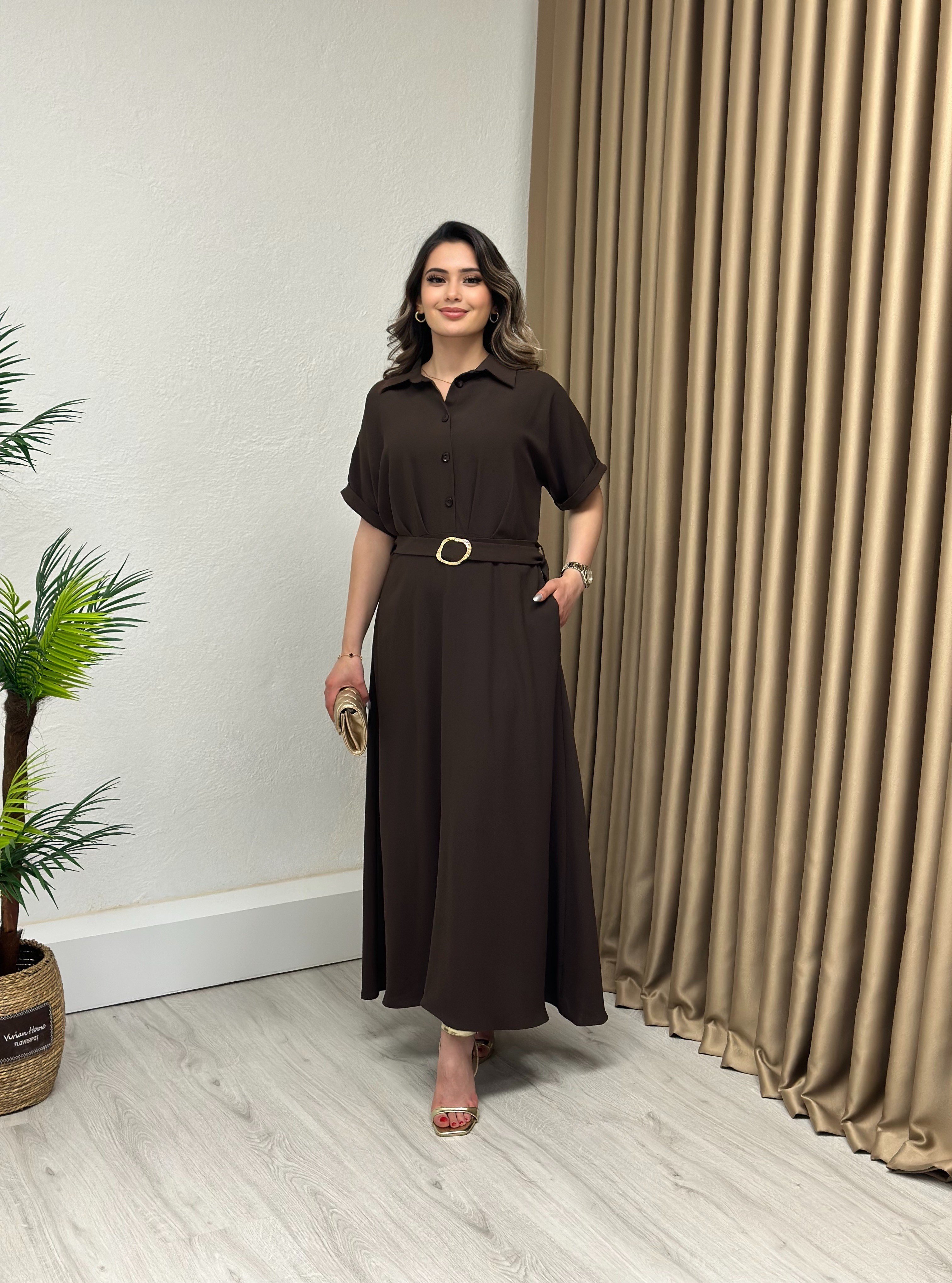 Premium Seri Kısa Kollu Gömlek Yaka Kemerli Elbise Acı Kahve