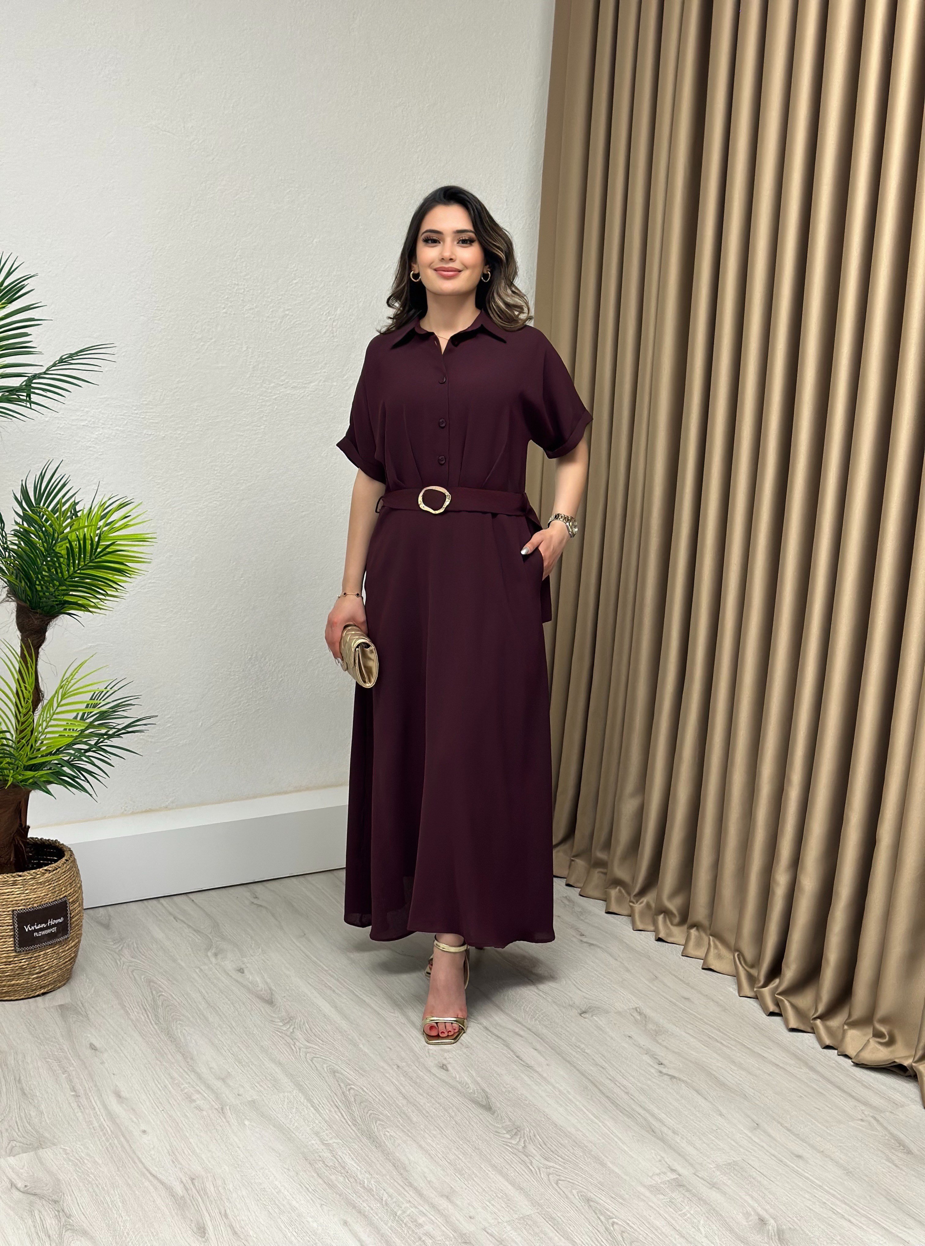 Premium Seri Kısa Kollu Gömlek Yaka Kemerli Elbise Mürdüm