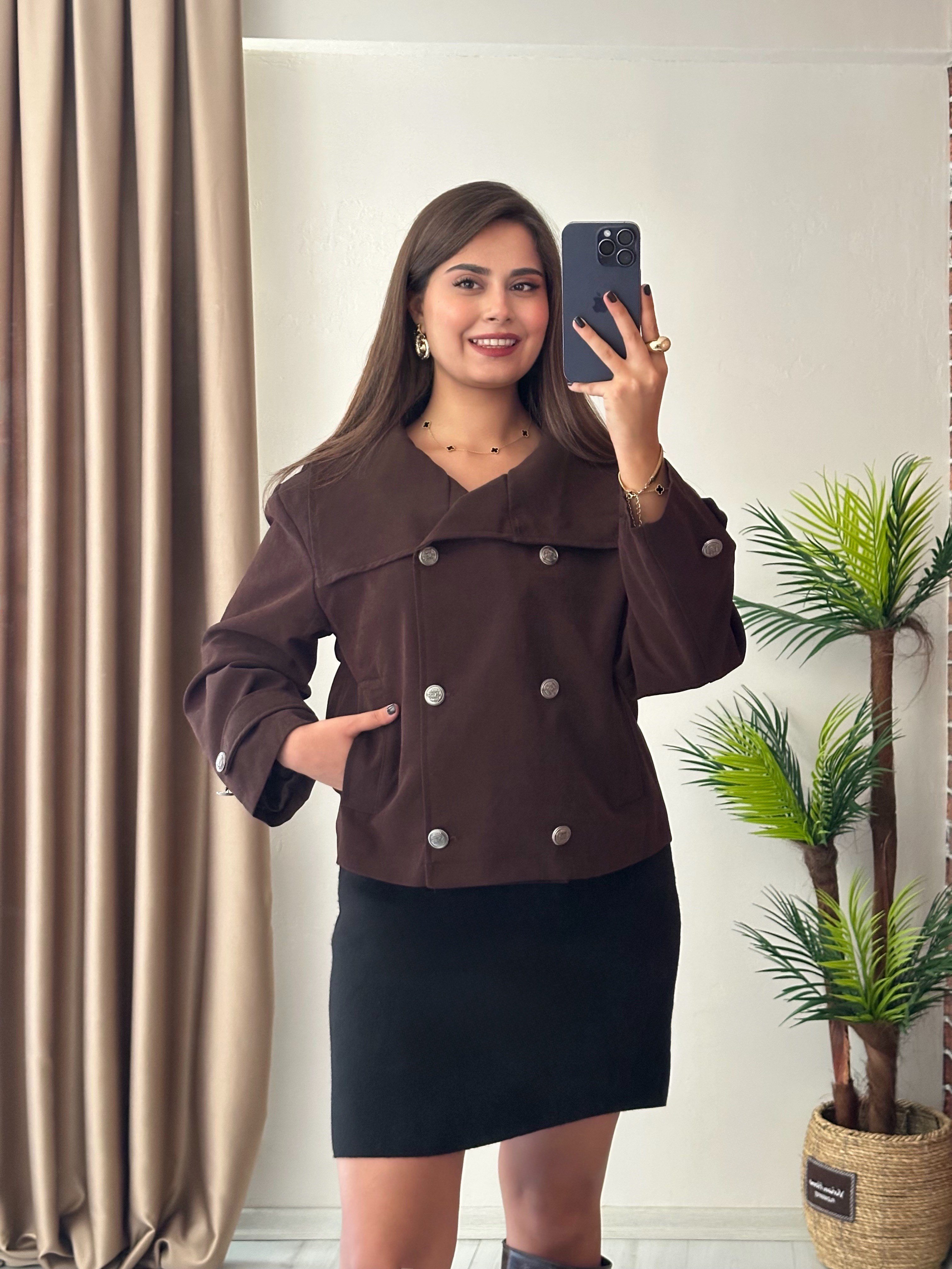 Premium Seri Kruvaze Metal Düğmeli Geniş Yaka Gabardin Kumaş Ceket Acı Kahve