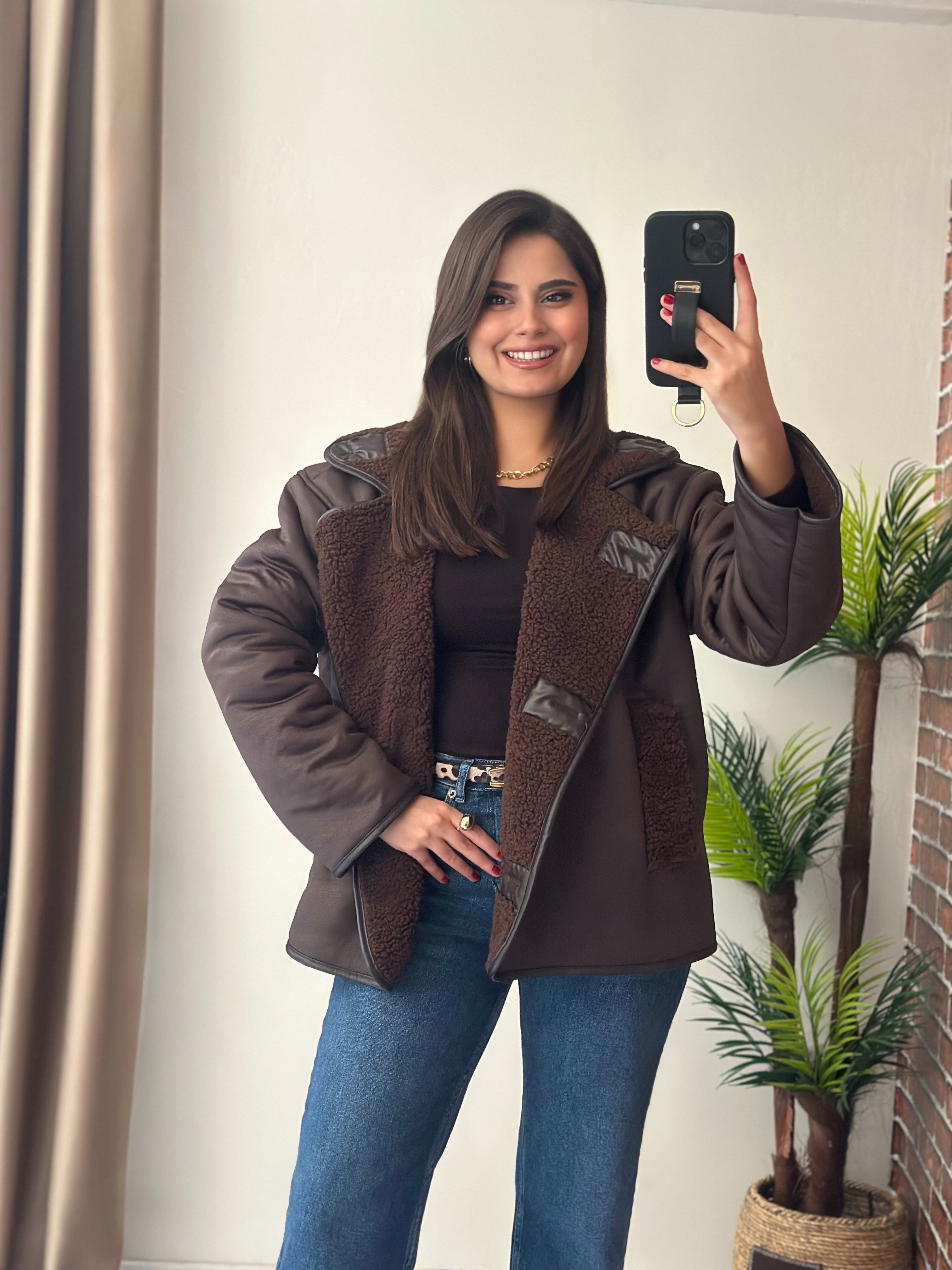 Premium Seri Kürklü Biker Vinleks Deri Mont Kahverengi 