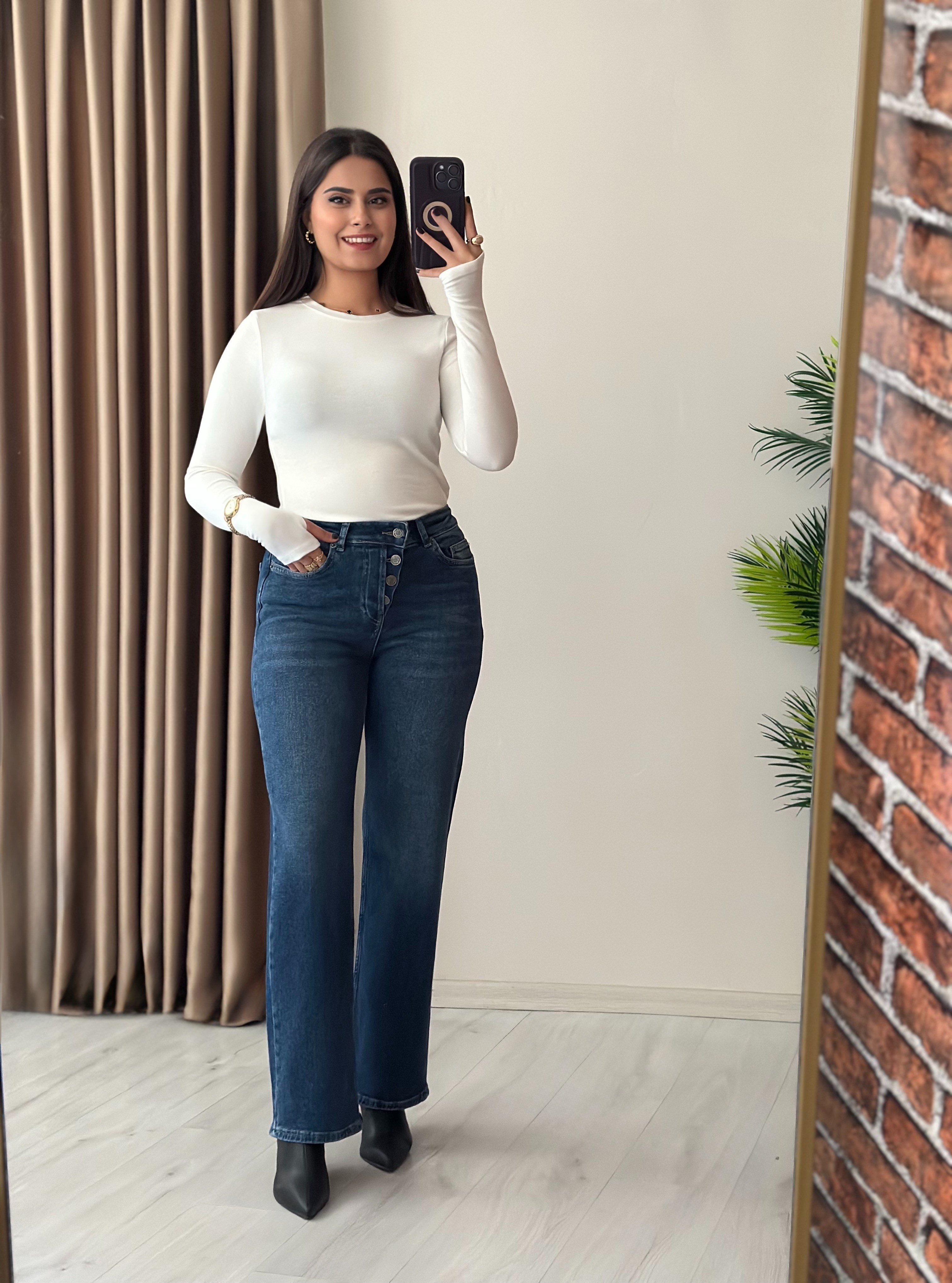 Yüksek Bel Çok Düğmeli Likralı Straight Jean Dark Blue 