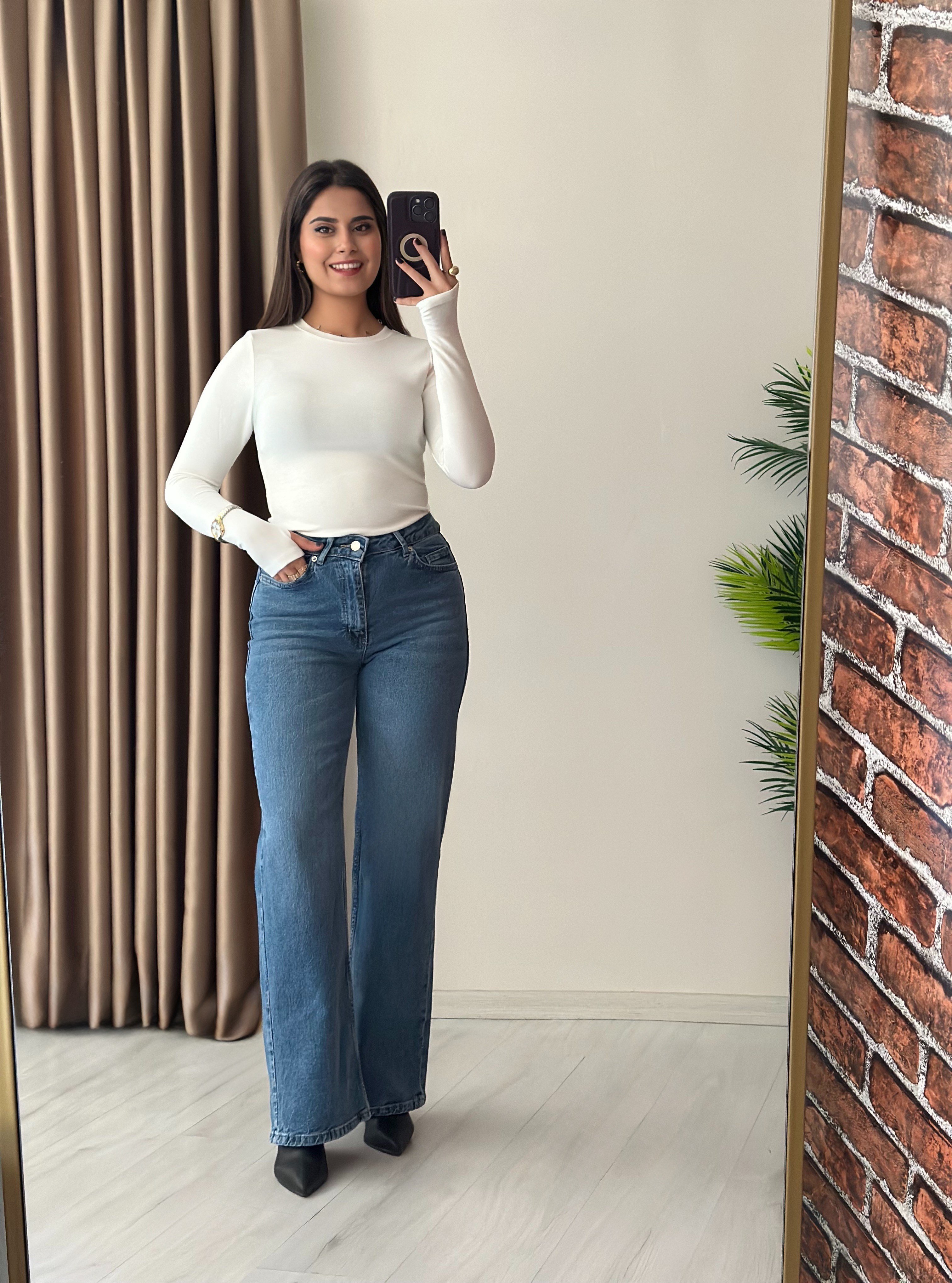 Yüksek Bel Likralı Straight Jean Vintage Mavi