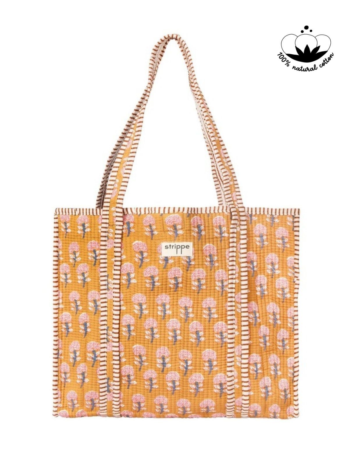 GARDEN- Çiçek Desenli Hardal Pamuklu Kumaş Günlük Omuz Çantası - Tote Bag