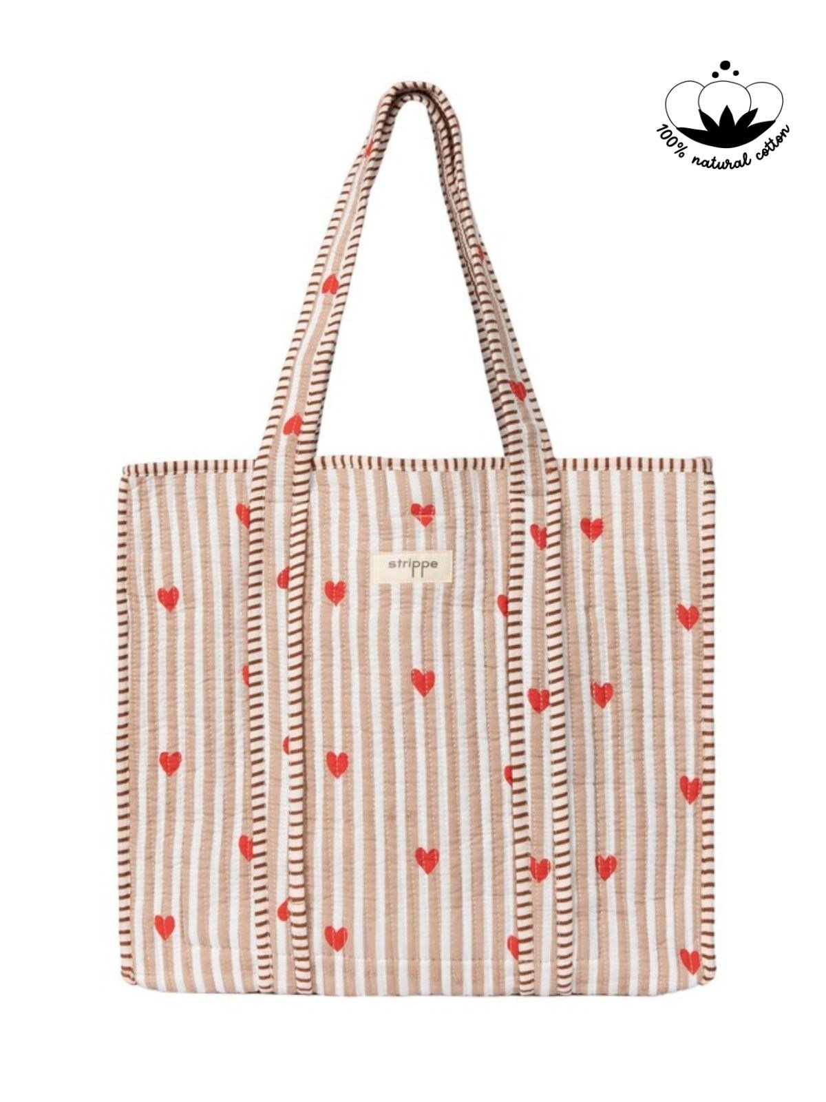 LOVE BOMBING - Kalp Desenli Bej Pamuklu Kumaş Günlük Omuz Çantası  - Tote Bag
