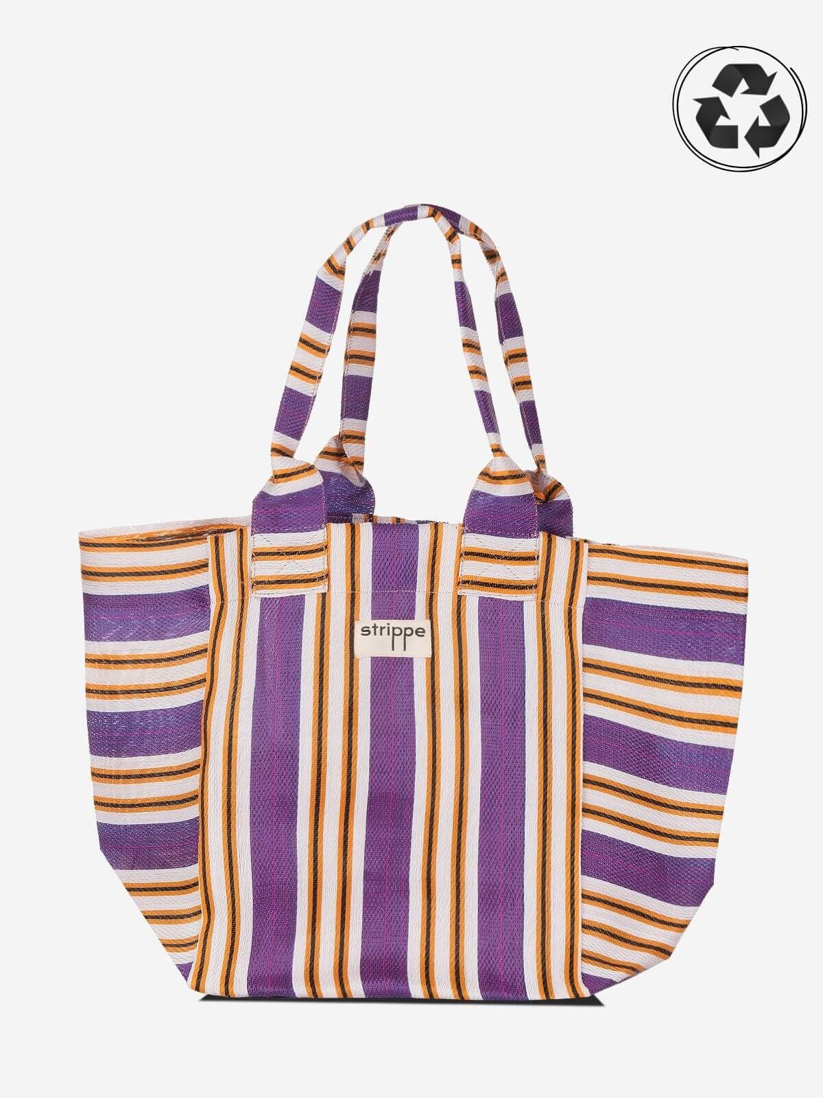 NOVA - Mor Çizgili Büyük Boy Naylon Çanta - Tote Bag