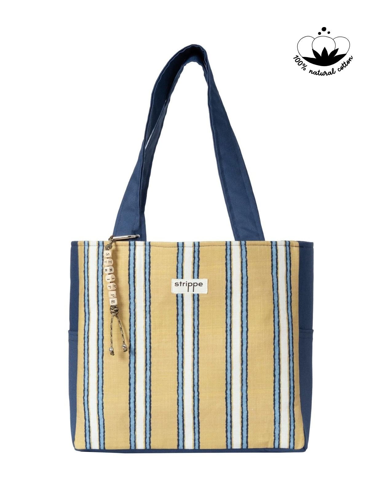 TRACE - Lacivert Hardal Çizgili Pamuklu Kumaş Günlük Omuz Çantası -  Tote Bag