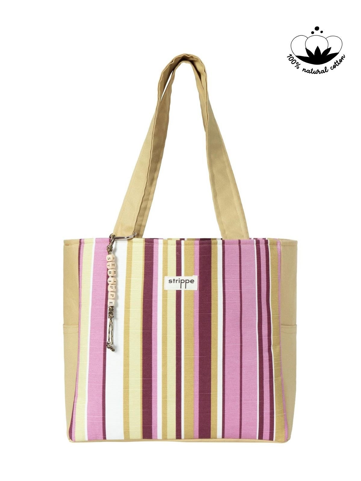 TRACE - Hardal Pembe Çizgili Pamuklu Kumaş Günlük Omuz Çantası -  Tote Bag