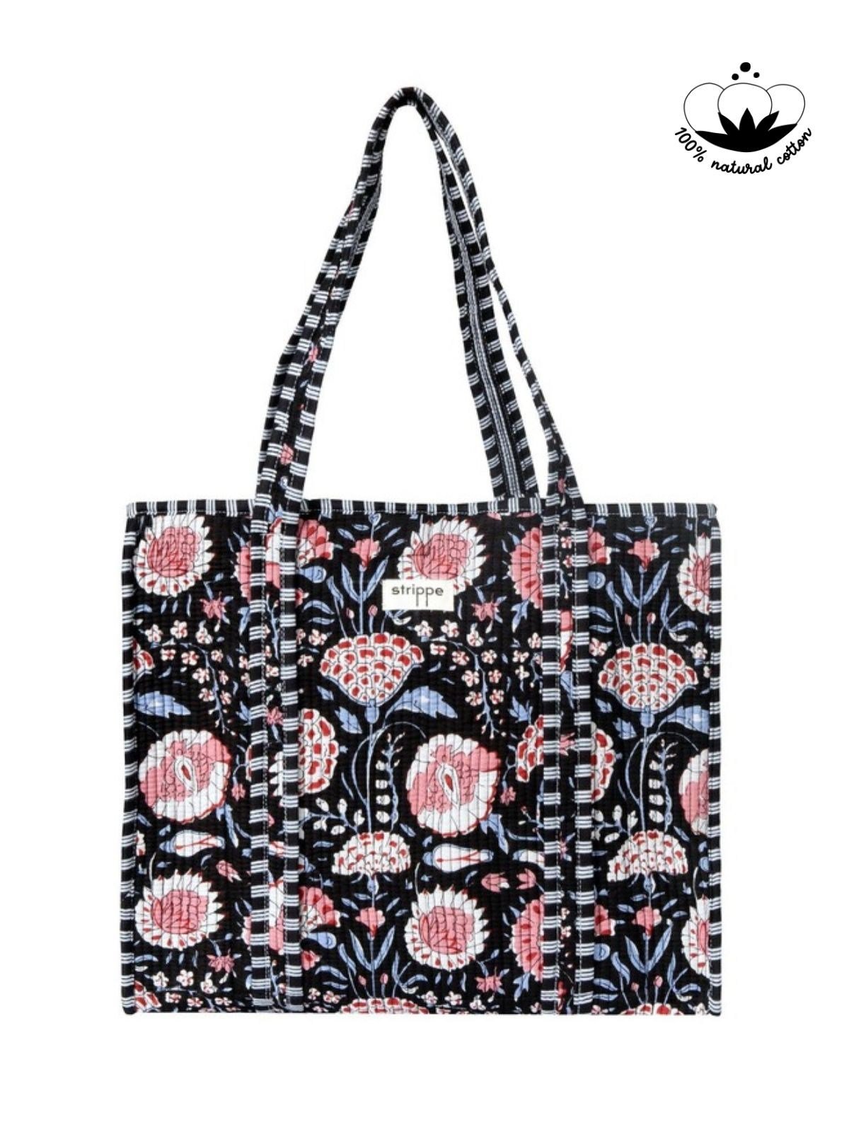 MARIGOLD - Floral Desenli Siyah Pamuklu Kumaş Günlük Omuz Çantası - Tote Bag