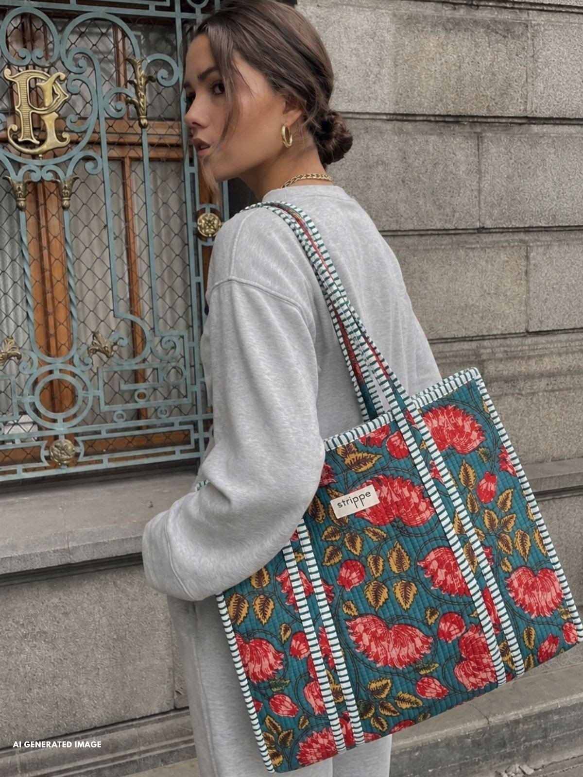 LAGOON- Çiçek Desenli Yeşil Pamuklu Kumaş Günlük Omuz Çantası - Tote Bag