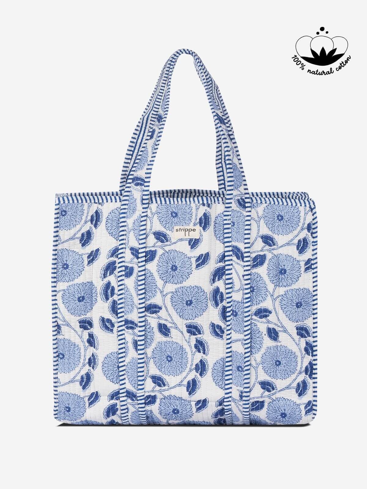 BLEU BLANC - Mavi Çiçek Desenli Beyaz Pamuklu Kumaş Günlük Omuz Çantası - Tote Bag