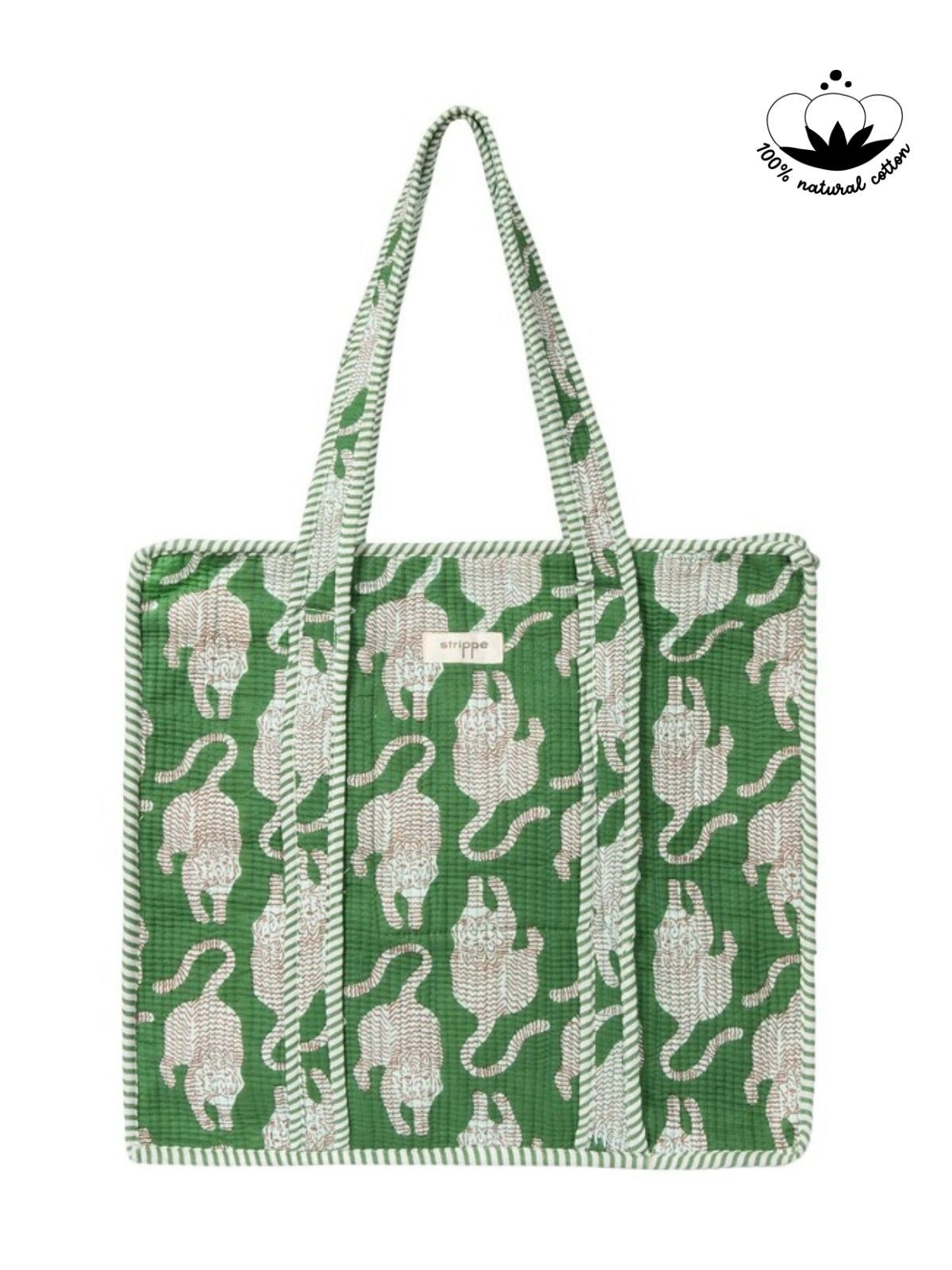 CARRYALL - Kaplan Desenli Yeşil Pamuklu Kumaş Fermuarlı Günlük Omuz Çantası  - Tote Bag