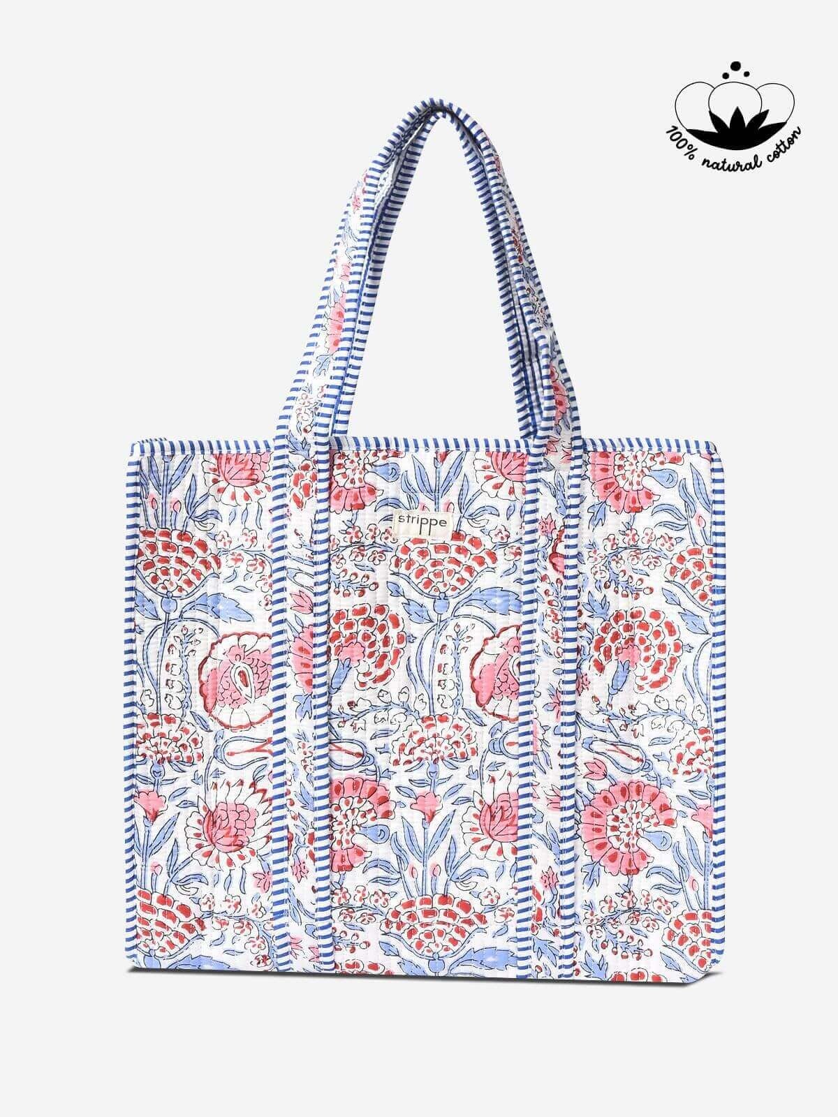 MARIGOLD - Floral Desenli Beyaz Pamuklu Kumaş Günlük Omuz Çantası - Tote Bag