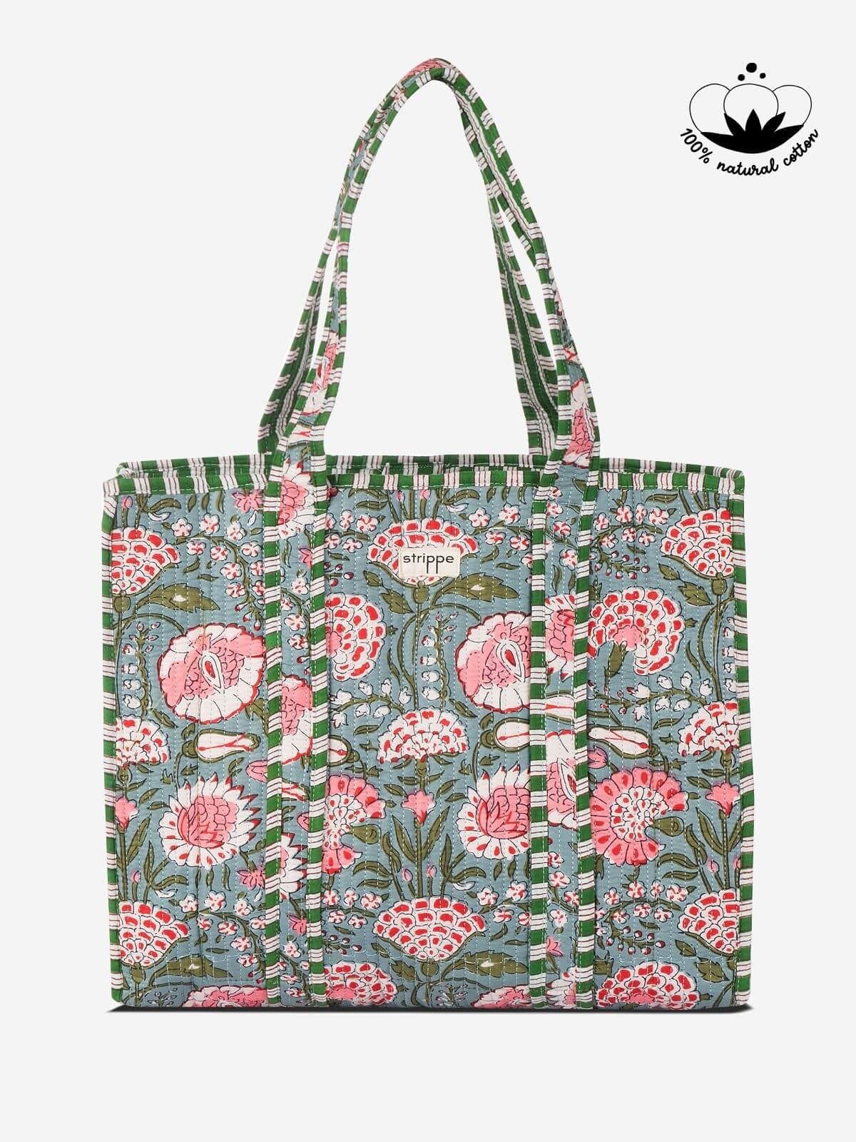 MARIGOLD - Floral Desenli Yeşil Pamuklu Kumaş Günlük Omuz Çantası - Tote Bag