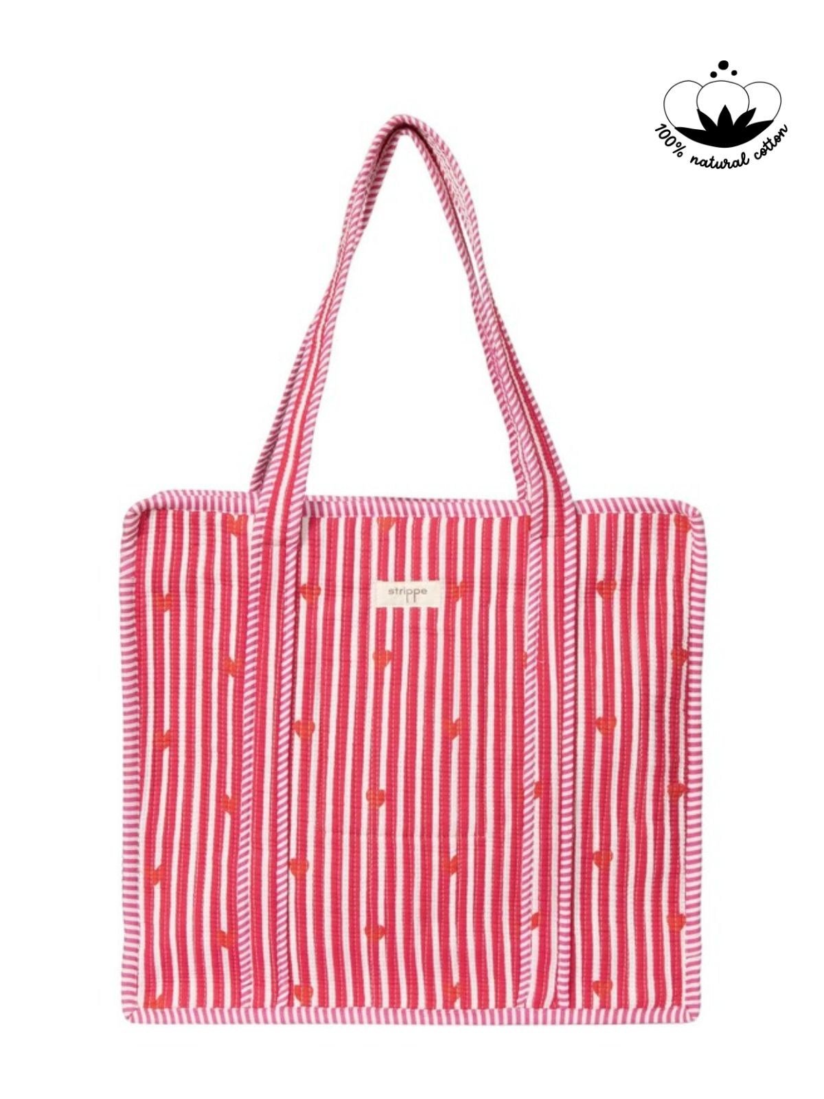 CARRYALL - Kalp Desenli Pembe Pamuklu Kumaş Fermuarlı Günlük Omuz Çantası  - Tote Bag