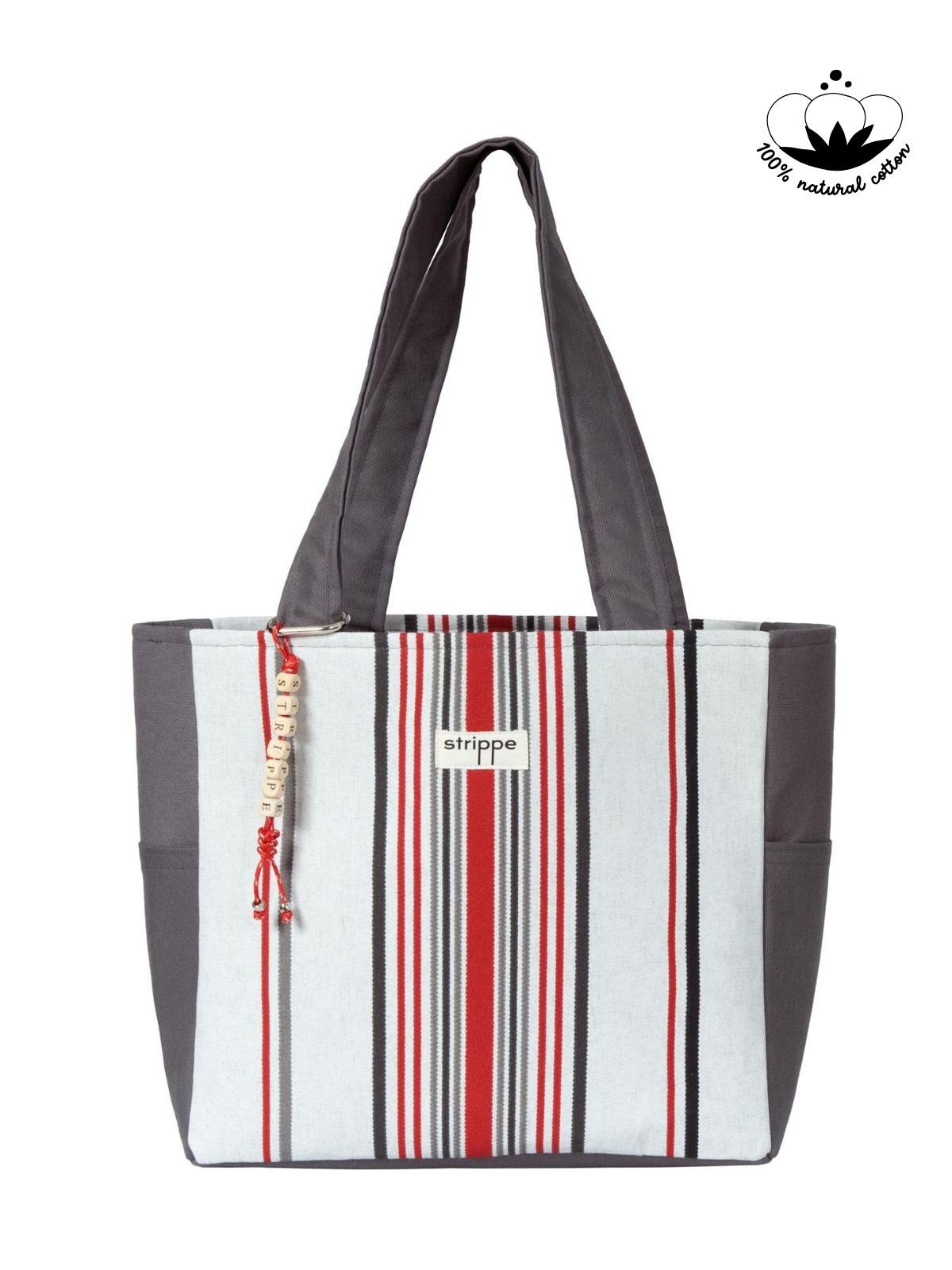 TRACE - Gri Kırmızı Çizgili Pamuklu Kumaş Günlük Omuz Çantası -  Tote Bag