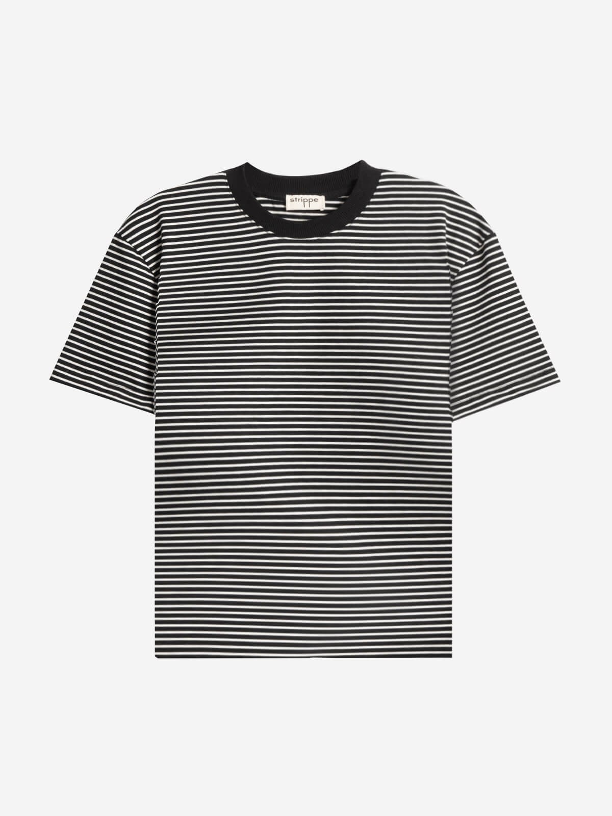 NOIR	 - Krem Çizgili Regular Kalıp Siyah T-shirt 