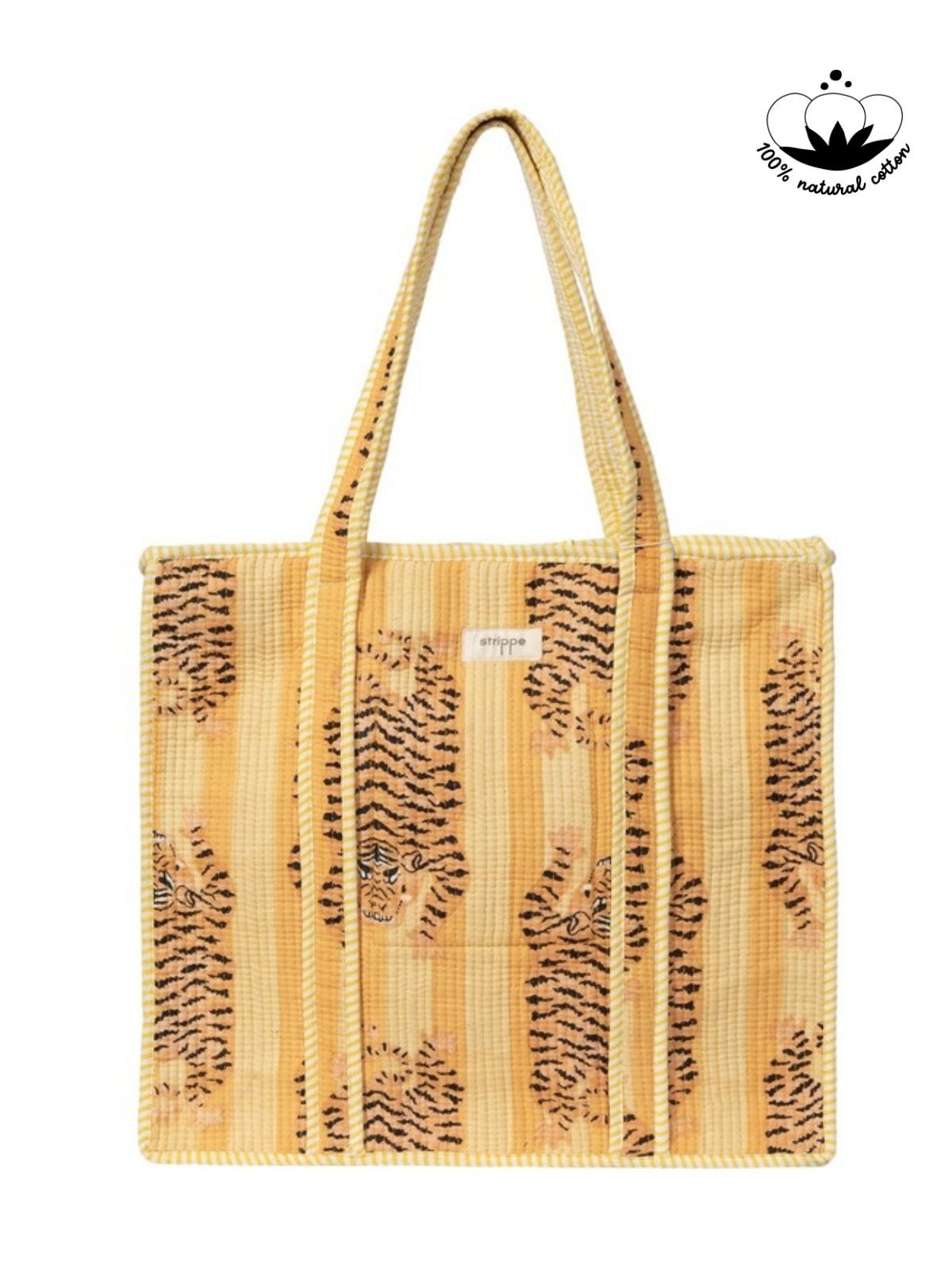 CARRYALL - Kaplan Desenli Sarı Pamuklu Kumaş Fermuarlı Günlük Omuz Çantası  - Tote Bag