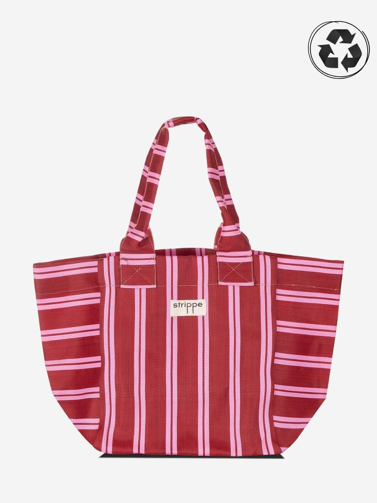 NOVA - Bordo Pembe Çizgili Büyük Boy Naylon Çanta - Tote Bag