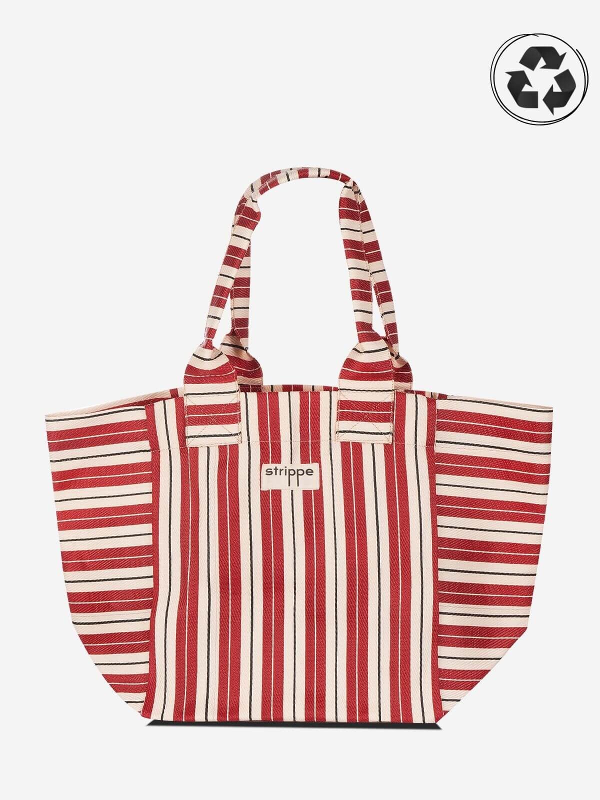 NOVA - Bordo Krem Çizgili Büyük Boy Naylon Çanta - Tote Bag