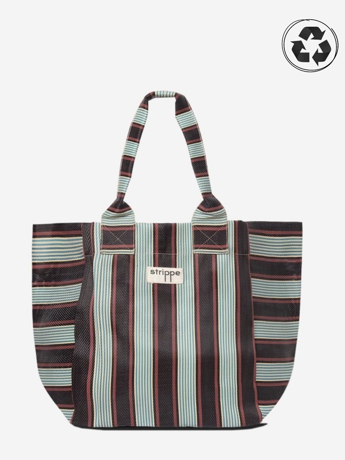 NOVA - Kahverengi Çizgili Büyük Boy Naylon Çanta - Tote Bag