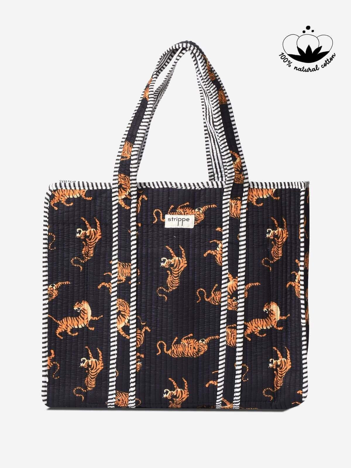 Kaplan Desenli Siyah Pamuklu Kumaş Günlük Omuz Çantası - Tote Bag