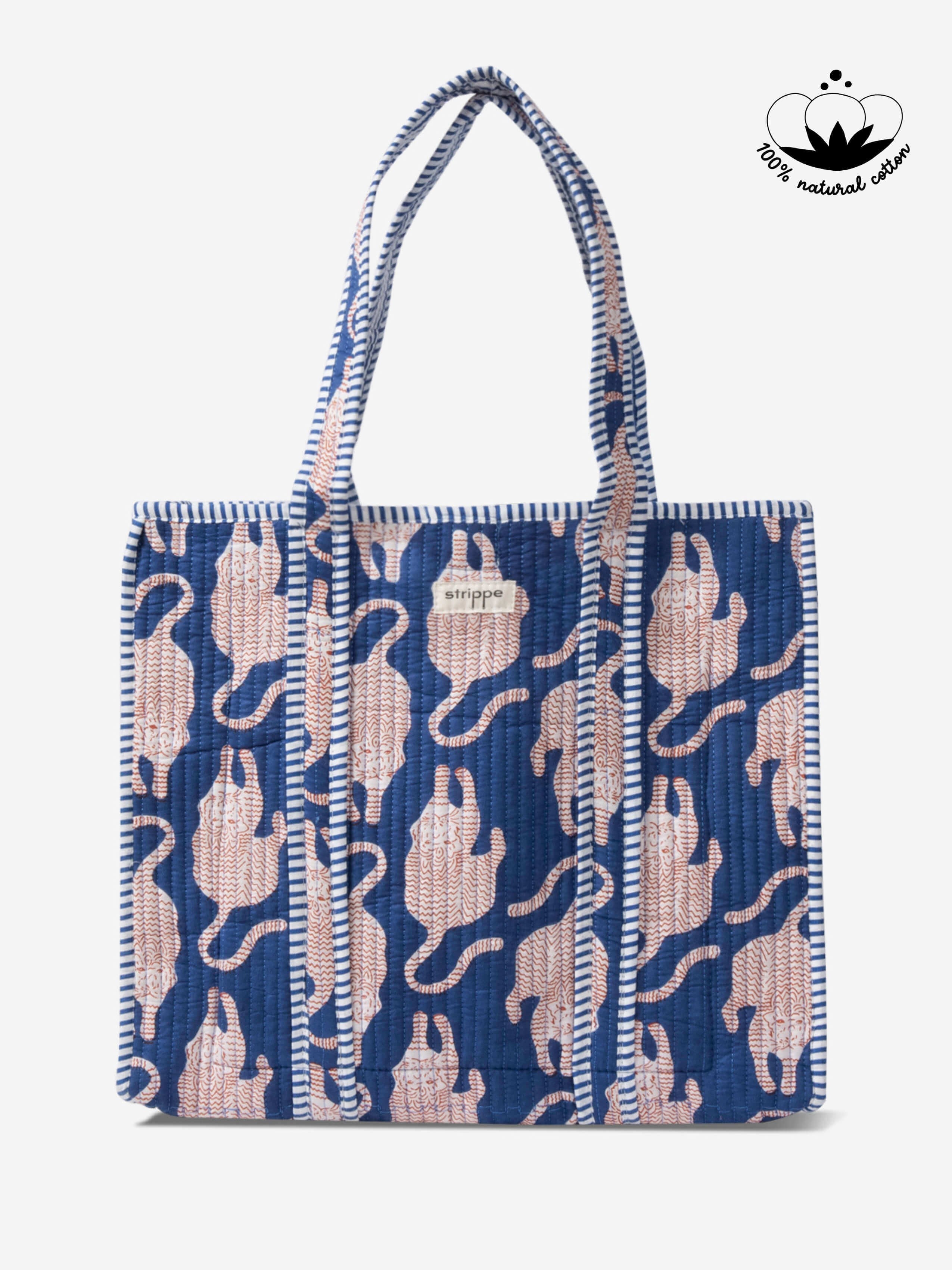 PANTHERA - Kaplan Desenli Mavi Pamuklu Kumaş Günlük Omuz Çantası - Tote Bag