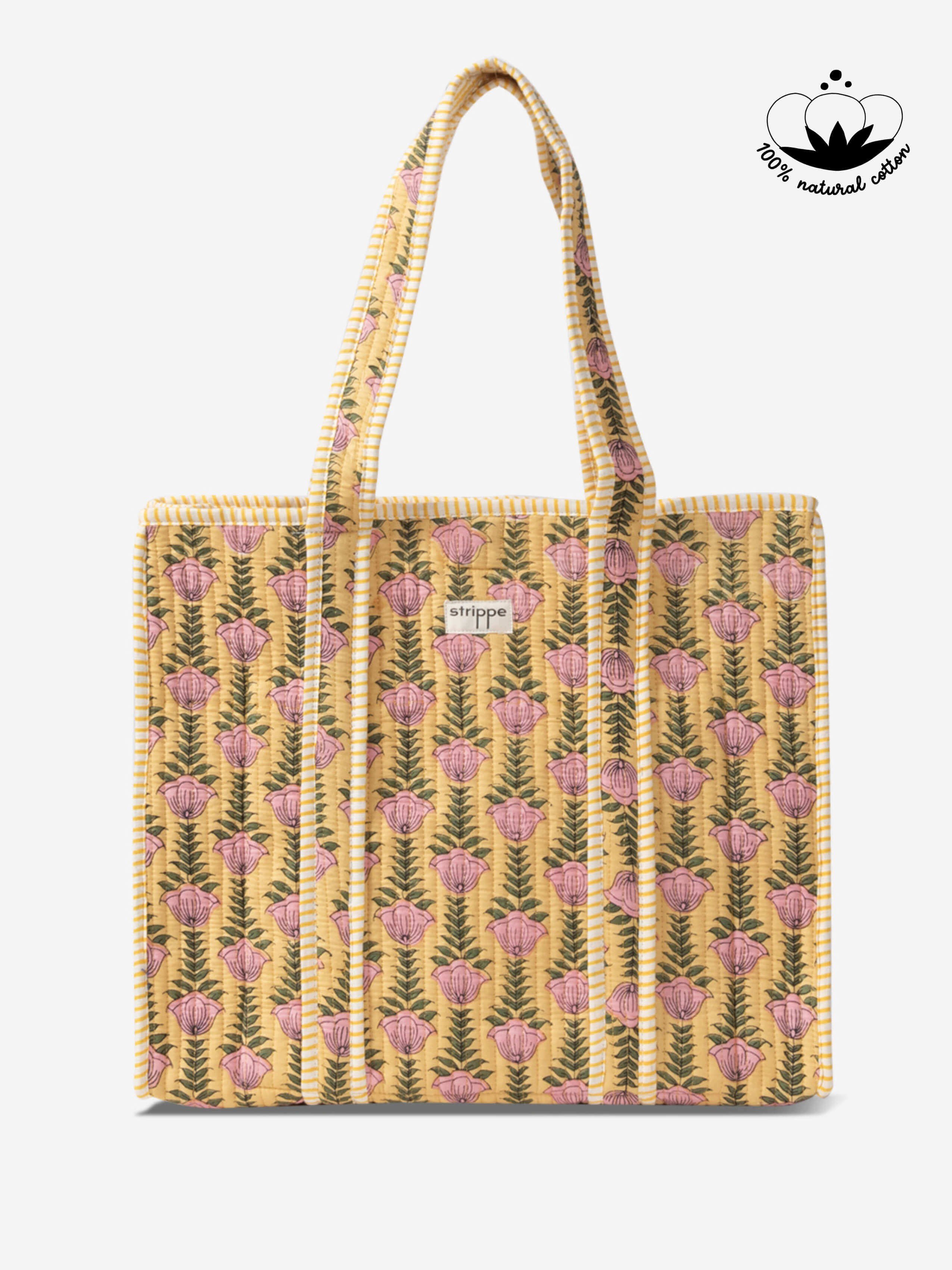 SUNBLOOM- Çiçek Desenli Sarı Pamuklu Kumaş Günlük Omuz Çantası - Tote Bag