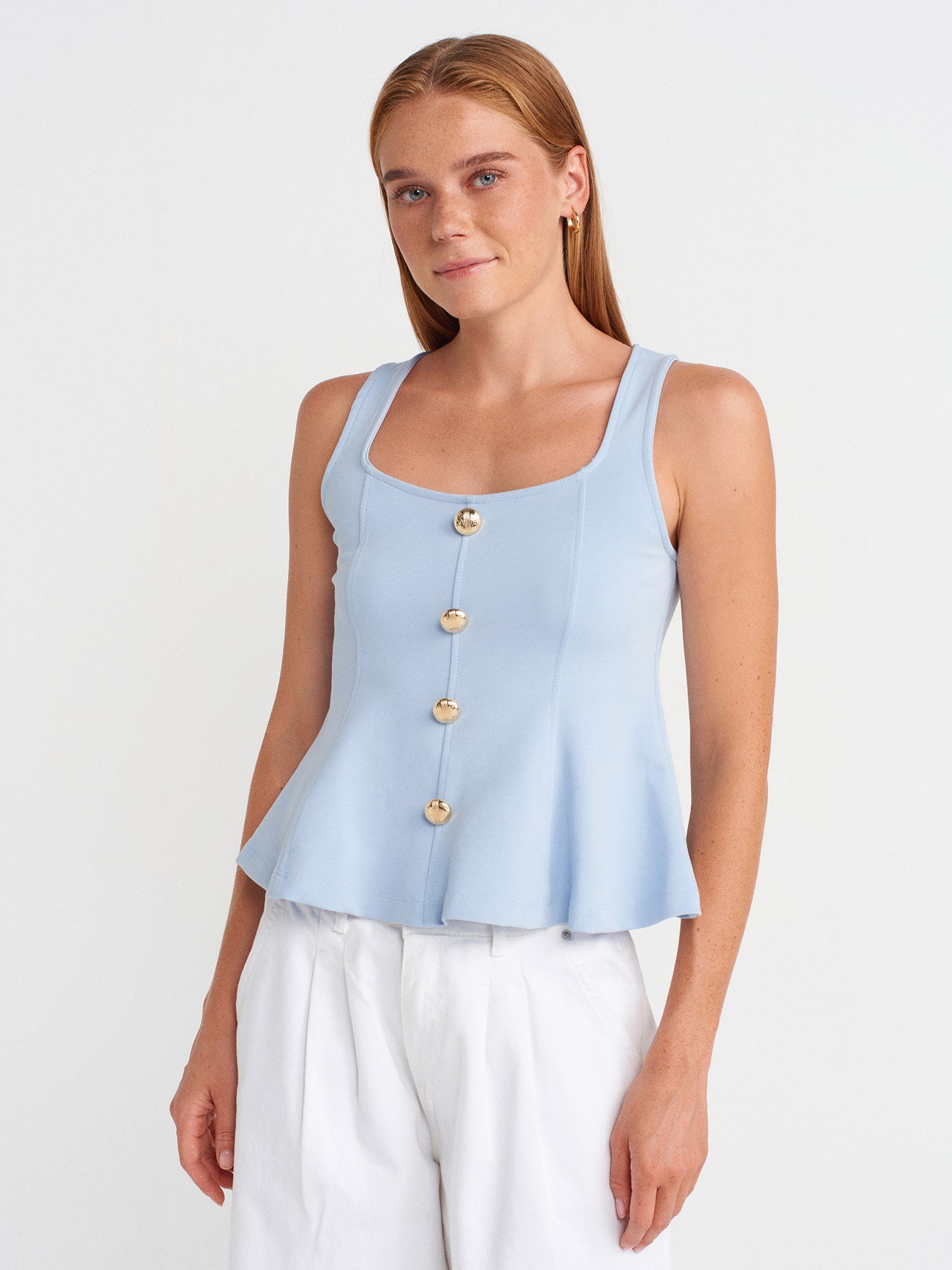 Buttoned Peplum Light Blue Top