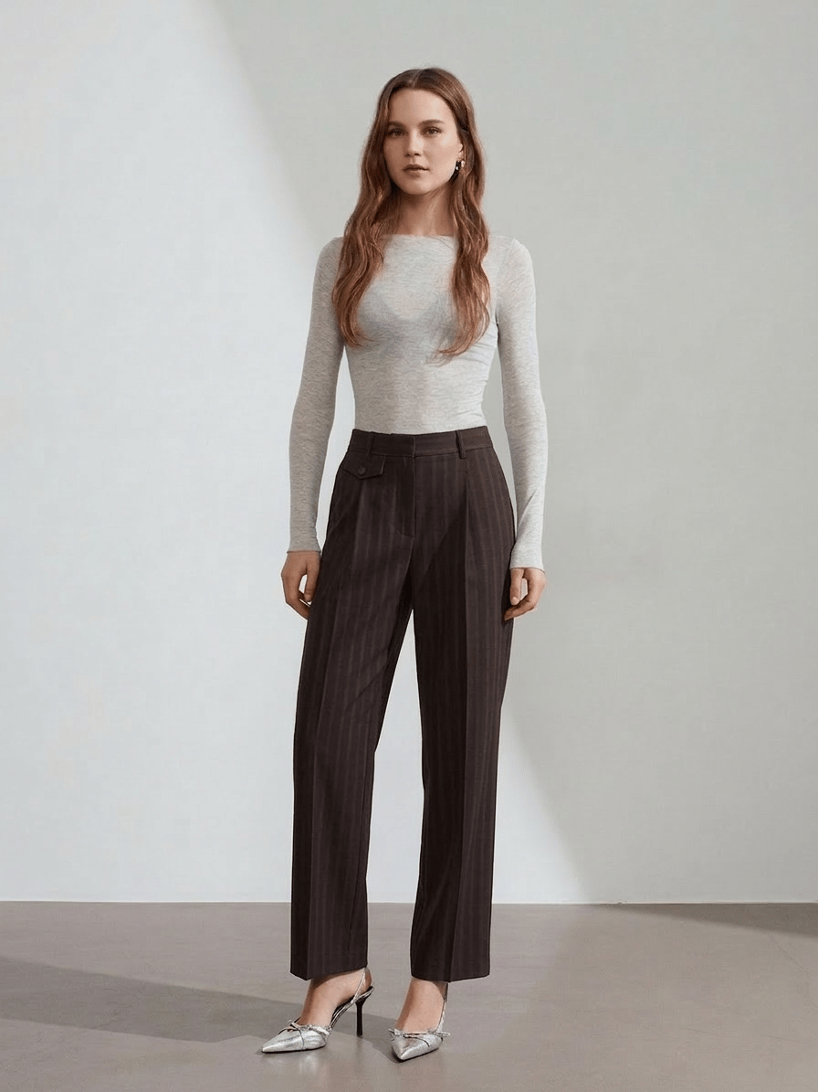 Pleated Straight Leg Brown Trousers