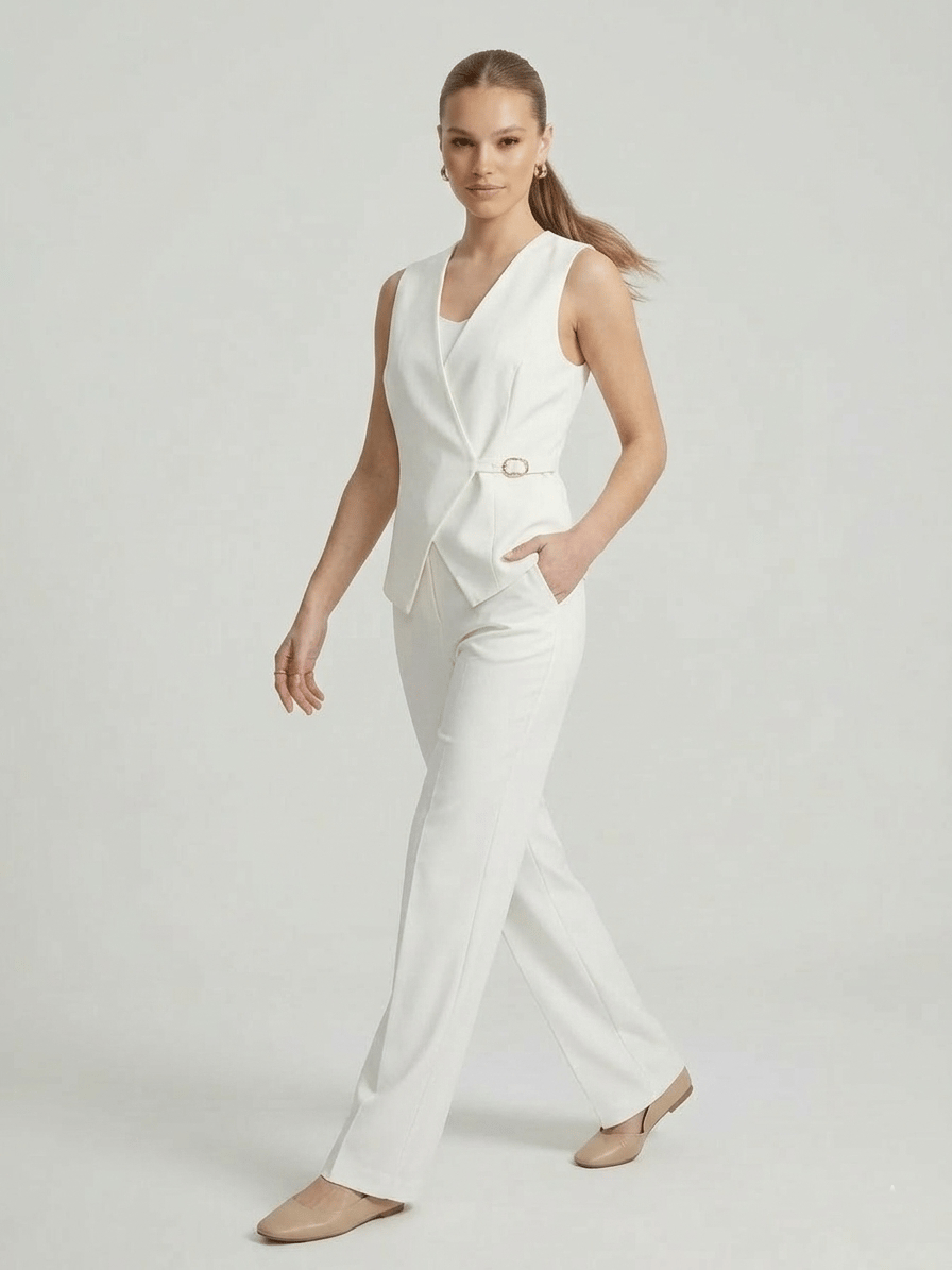 Tailored Buckle Detail Waistcoat Ivory White