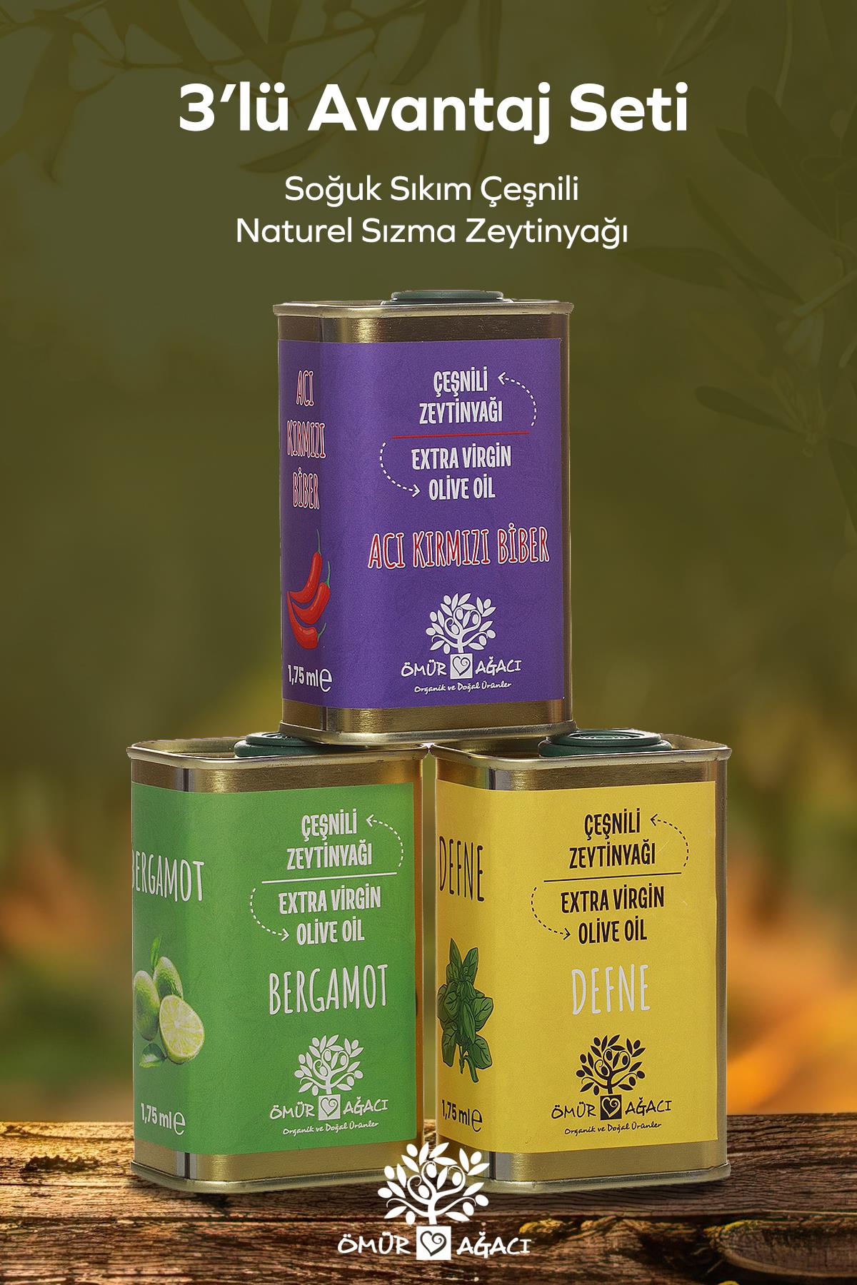 Acı Kırmızı Biber Çeşnili + Bergamot Çeşnili + Defne Çeşnili 3’lü Zeytinyağı Seti