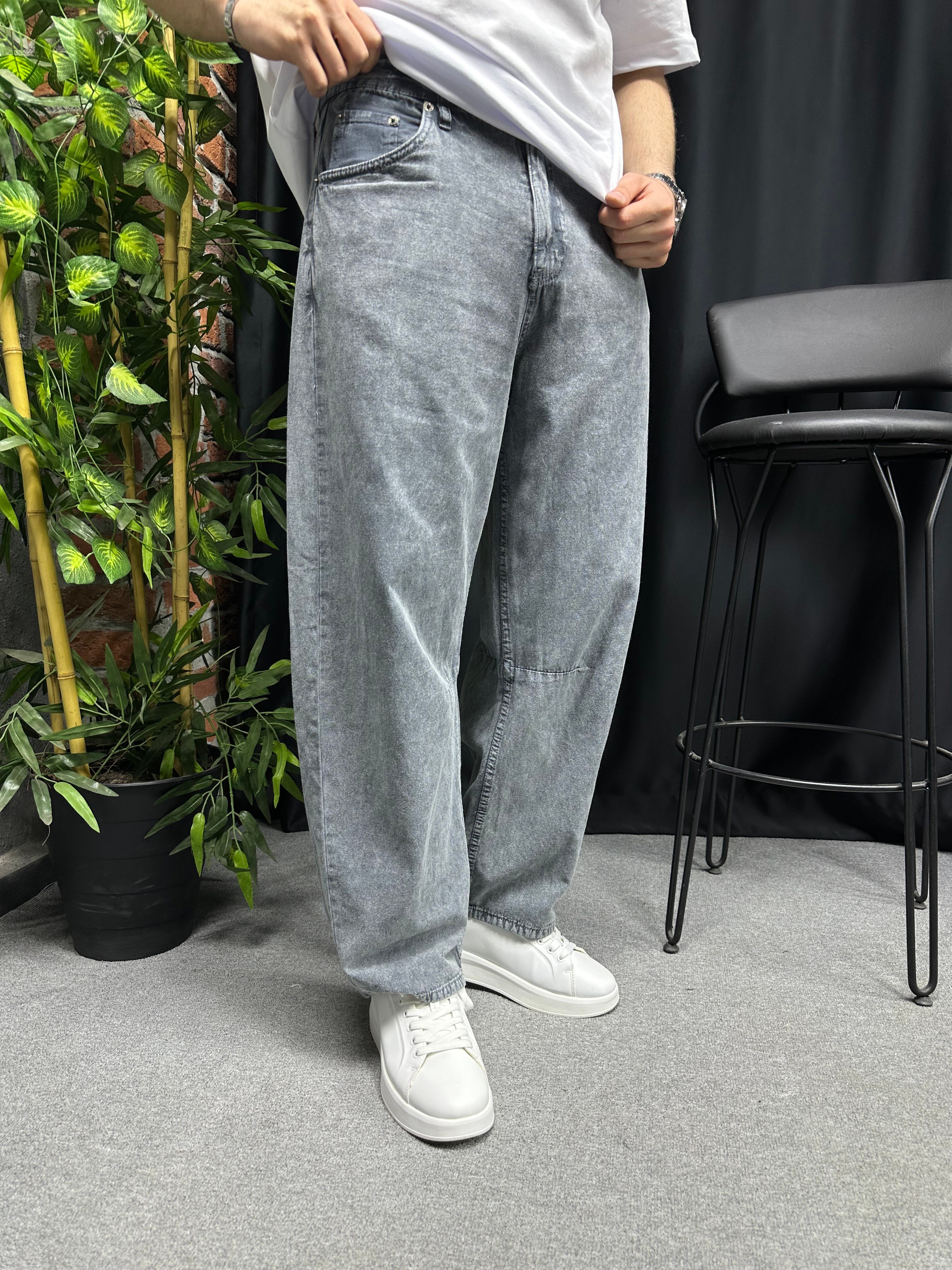 Gabardin Rahat Kumaş Yıkamalı Balon Fit Pantolon Gri