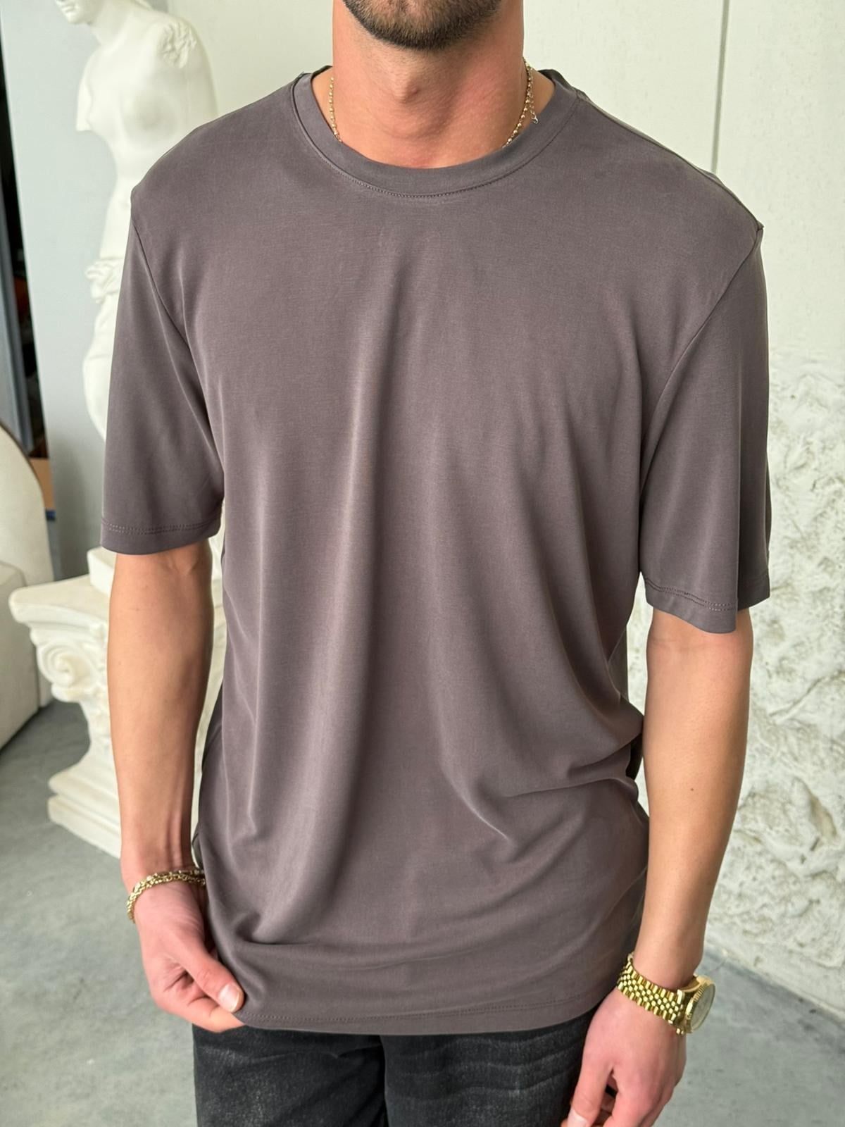 Fırçalı Kumaş Yıkamalı Basıc Kahve Tişört 