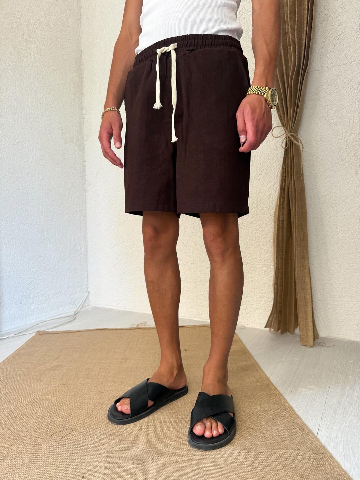 Gabardin Kahve Keten Şort 