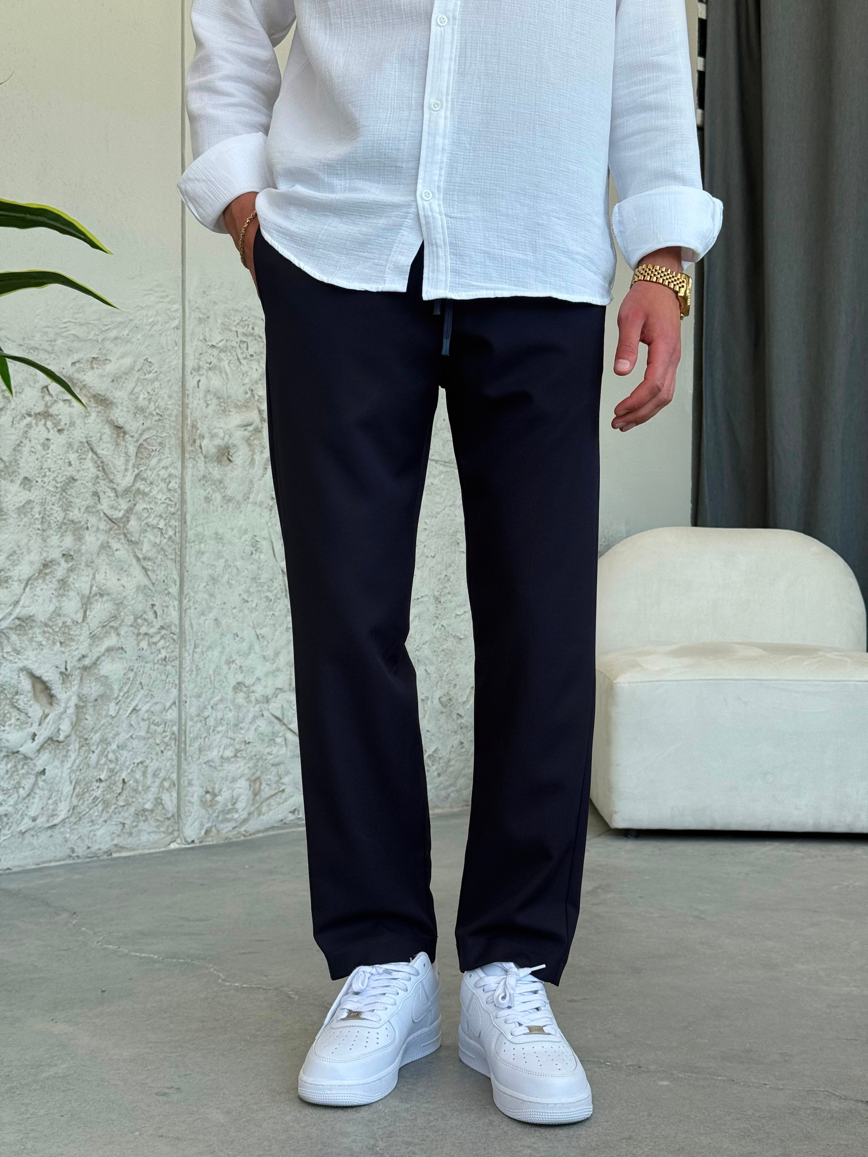 İpli Boyfriend Lacivert Jogger Pantolon