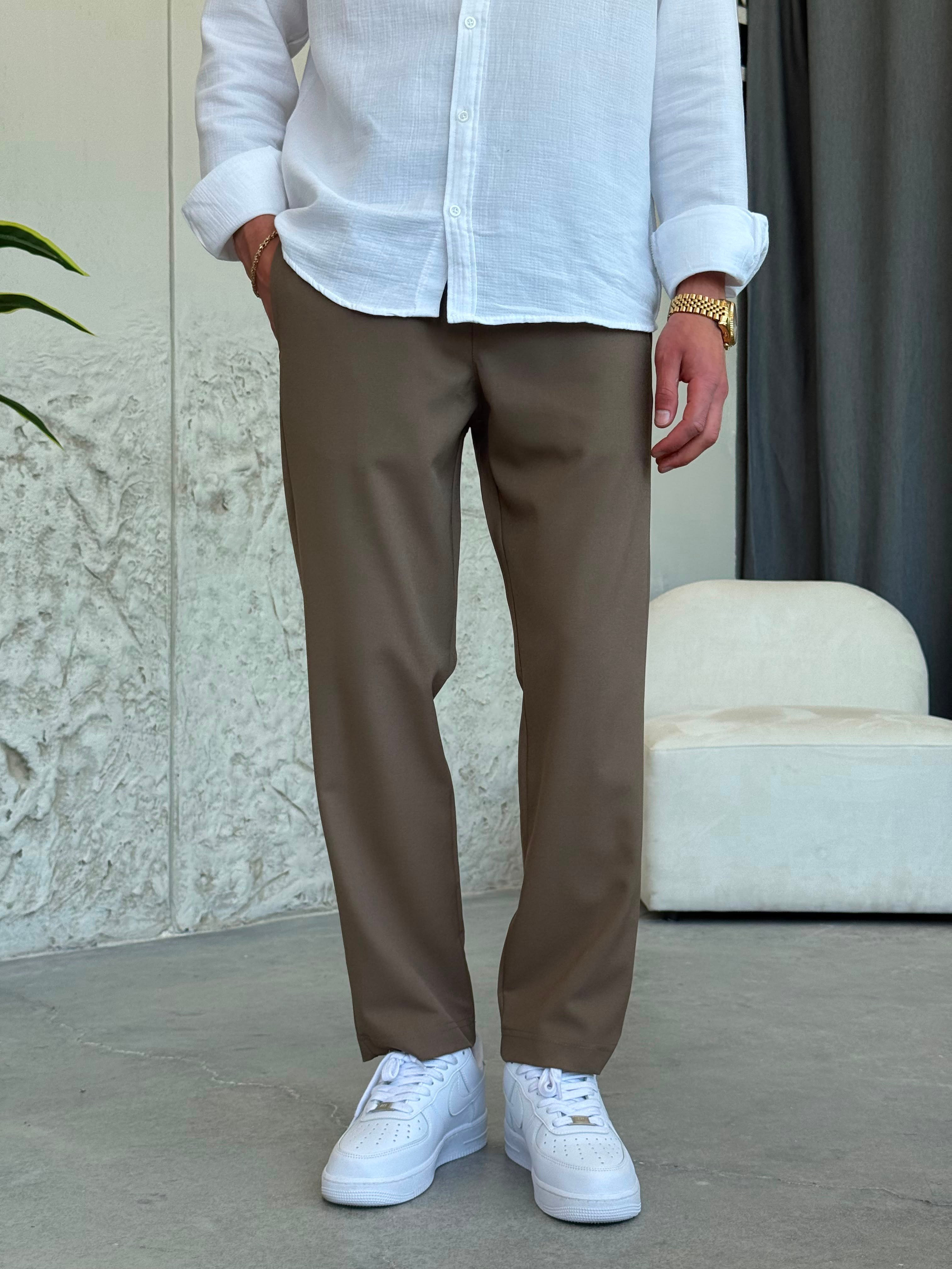 İpli Boyfriend Toprak Rengi Jogger Pantolon