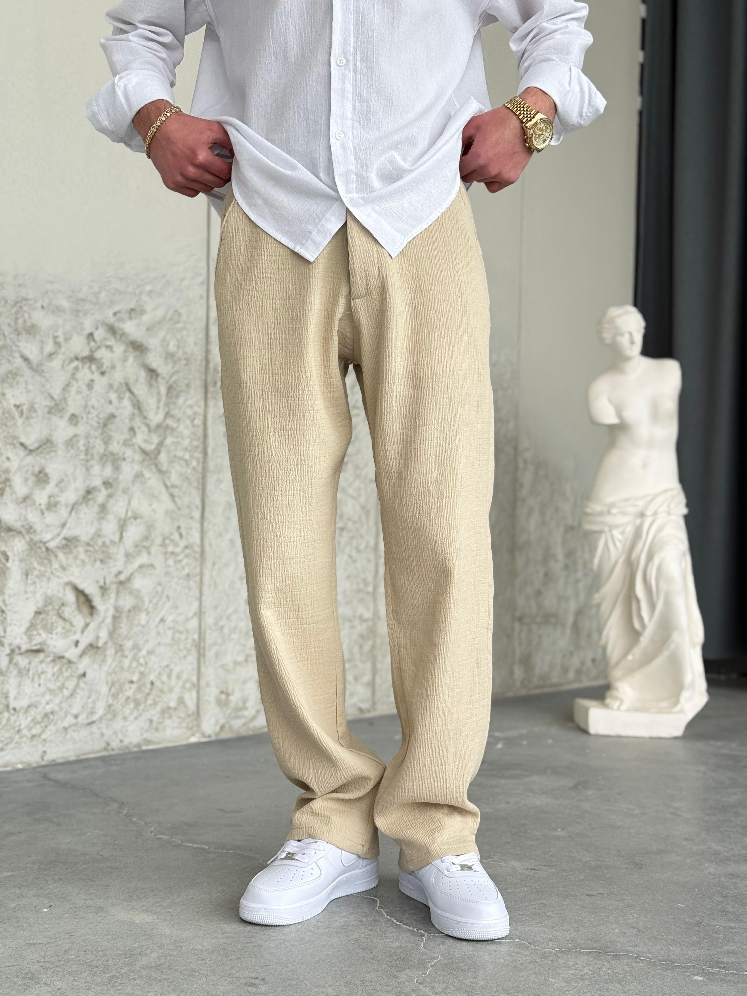 Krinkıl Kumaş Regular Kalıp Krem Pantolon