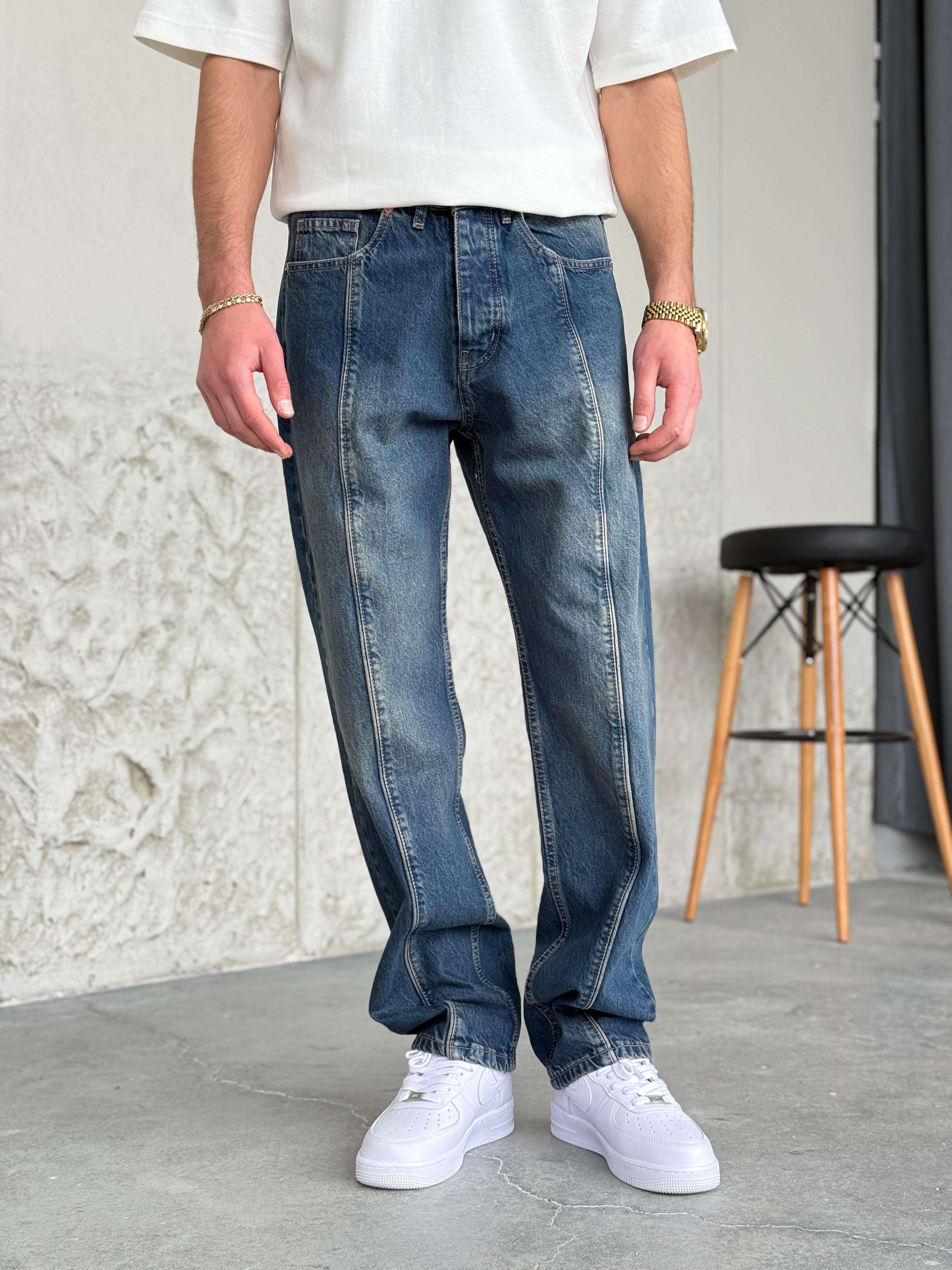 Lacivert Asit Yıkamalı Şeritli Baggy Pantolon