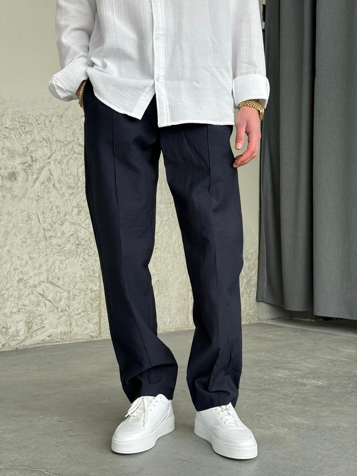 Paraşüt Kumaş Şeritli Lacivert Jogger Pantolon